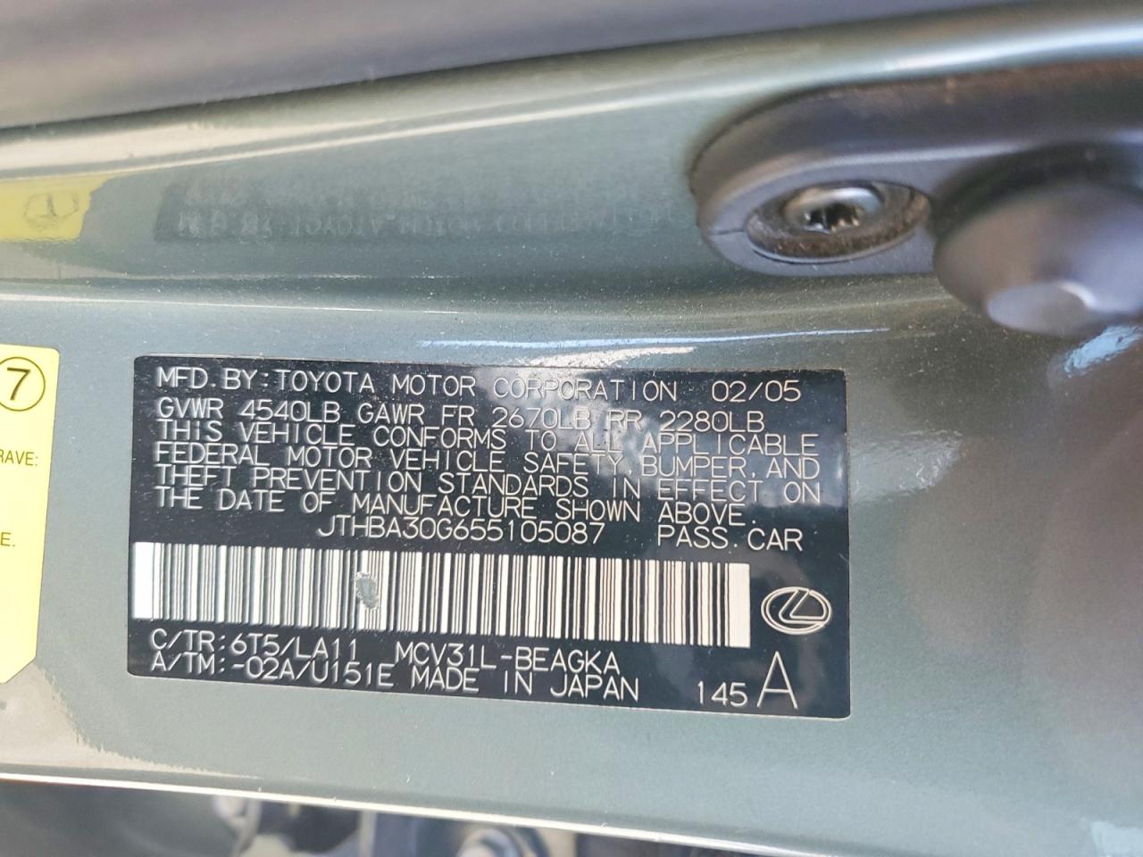 2005 Lexus Es 330 Green vin: JTHBA30G655105087