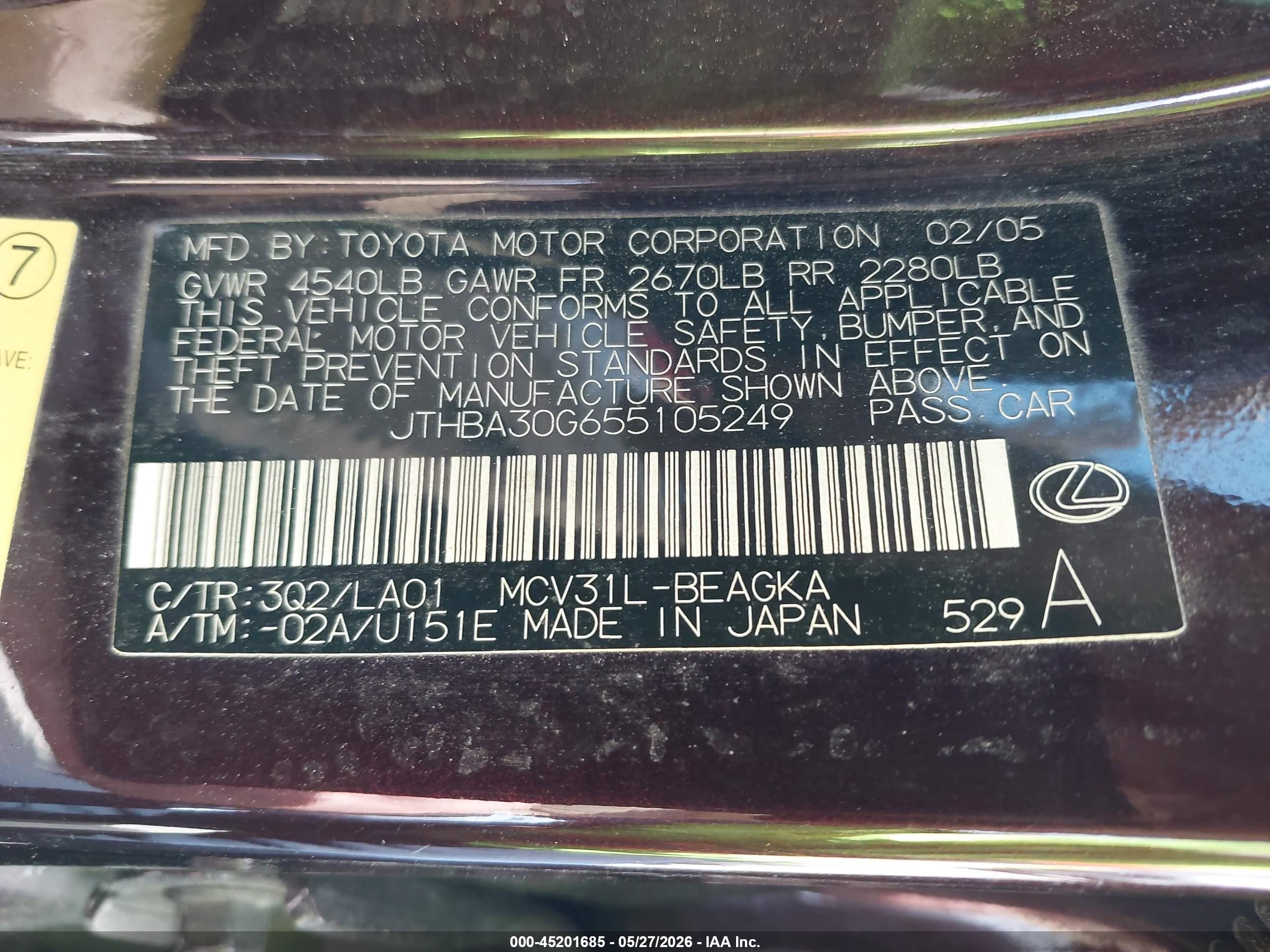 2005 Lexus Es 330   Burgundy vin: JTHBA30G655105249