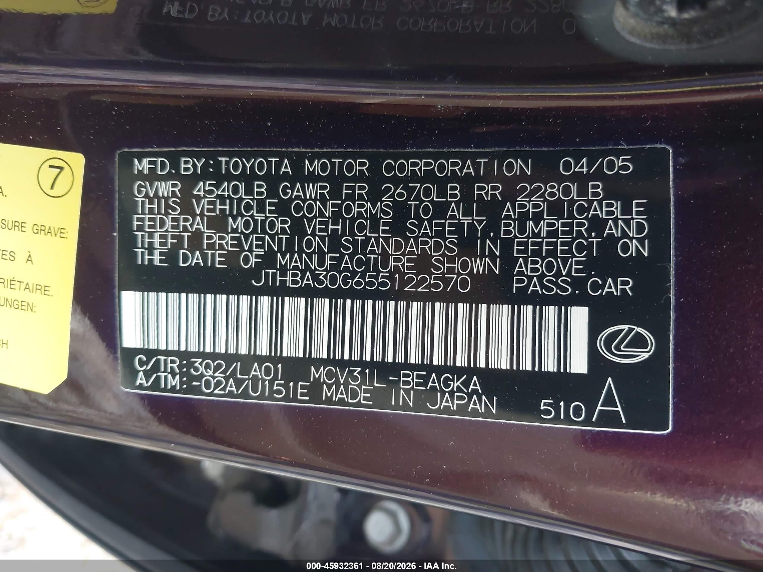 2005 Lexus Es 330   Burgundy vin: JTHBA30G655122570