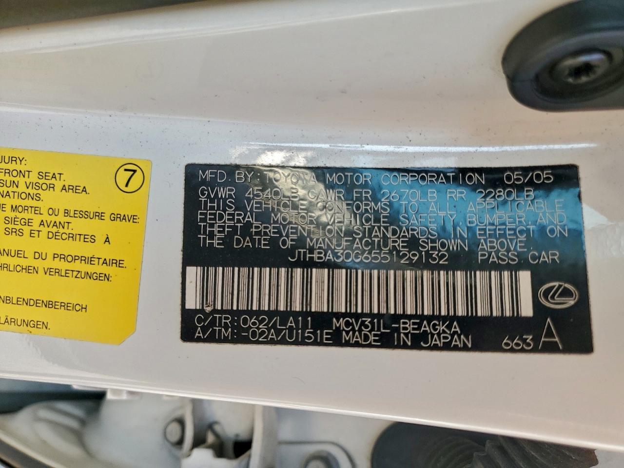 2005 Lexus Es Белый vin: JTHBA30G655129132