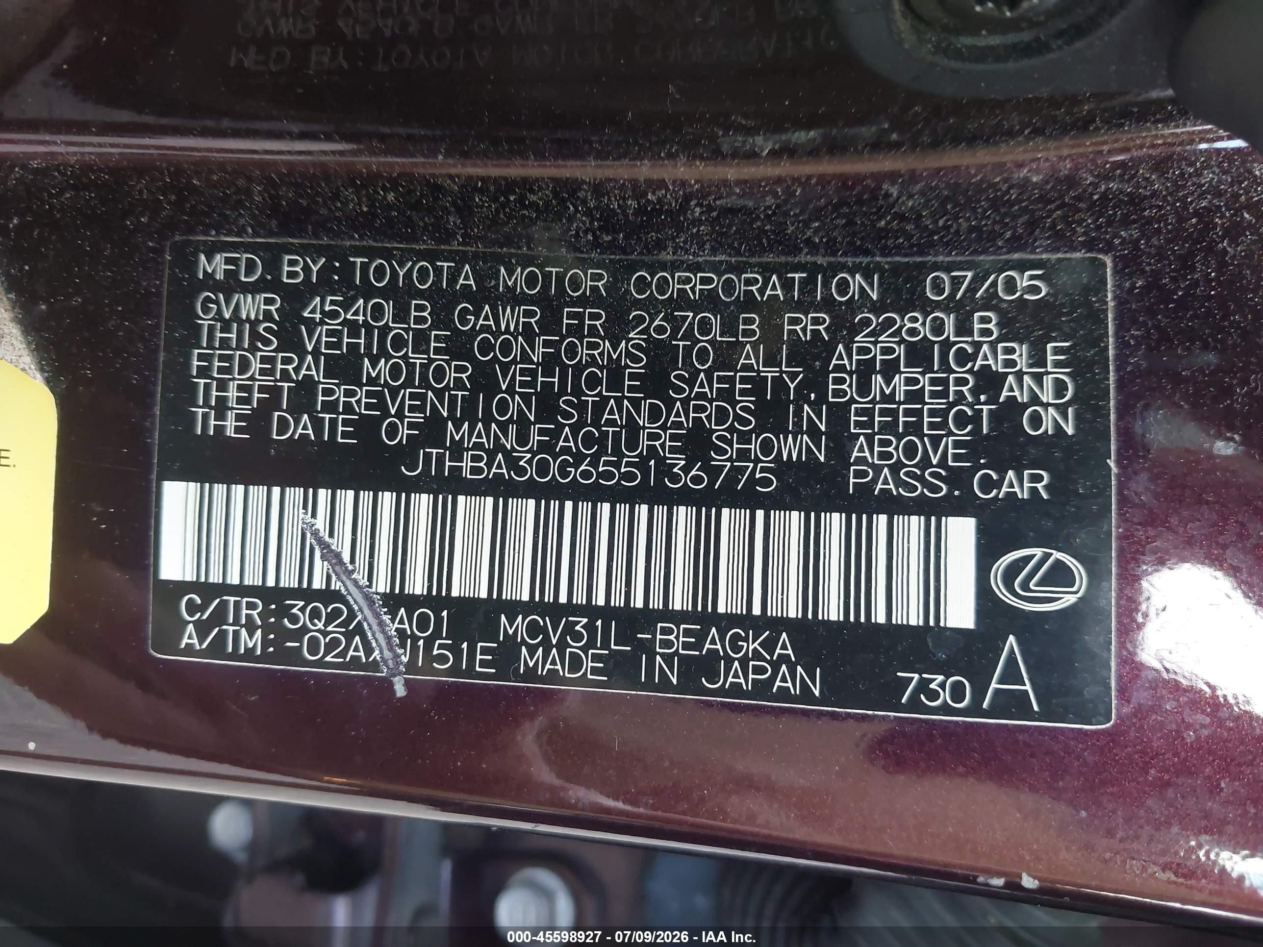 2005 Lexus Es 330   Red vin: JTHBA30G655136775