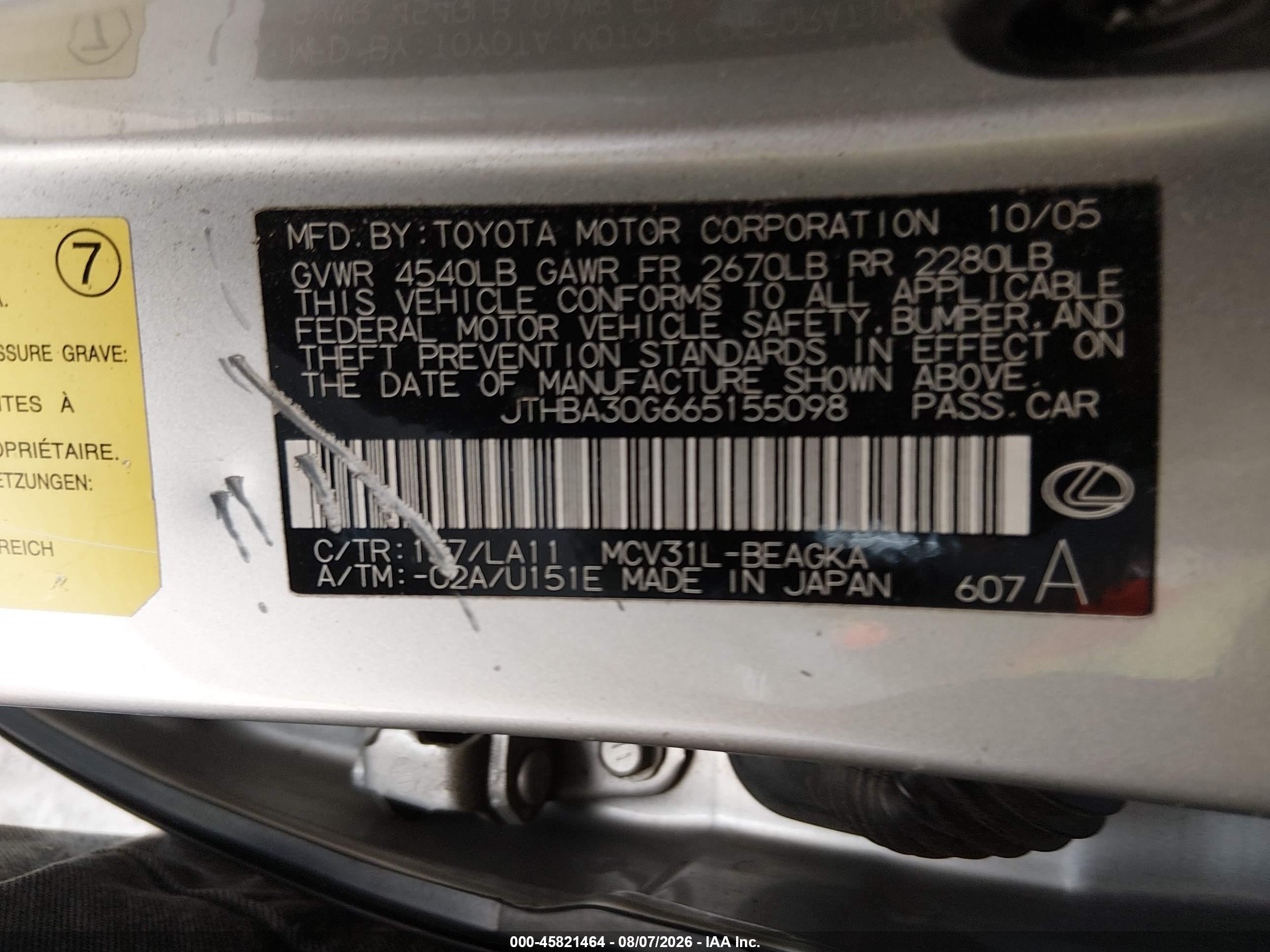 2006 Lexus Es 330   Gray vin: JTHBA30G665155098