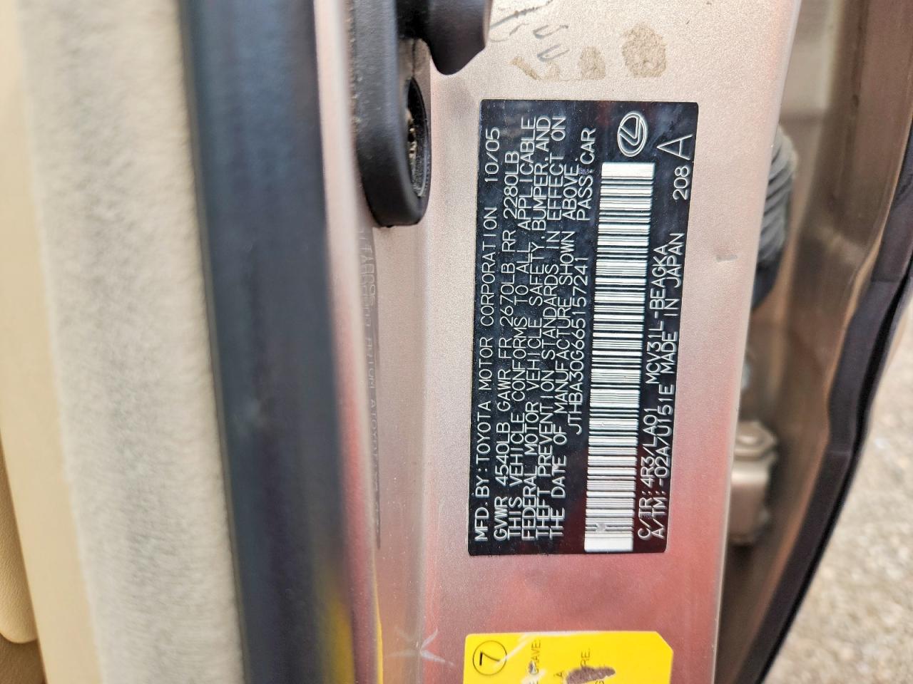 2006 Lexus Es 330 Бежевый vin: JTHBA30G665157241
