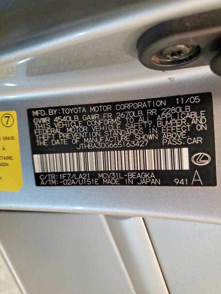 2006 Lexus Es 330 Серебряный vin: JTHBA30G665163427