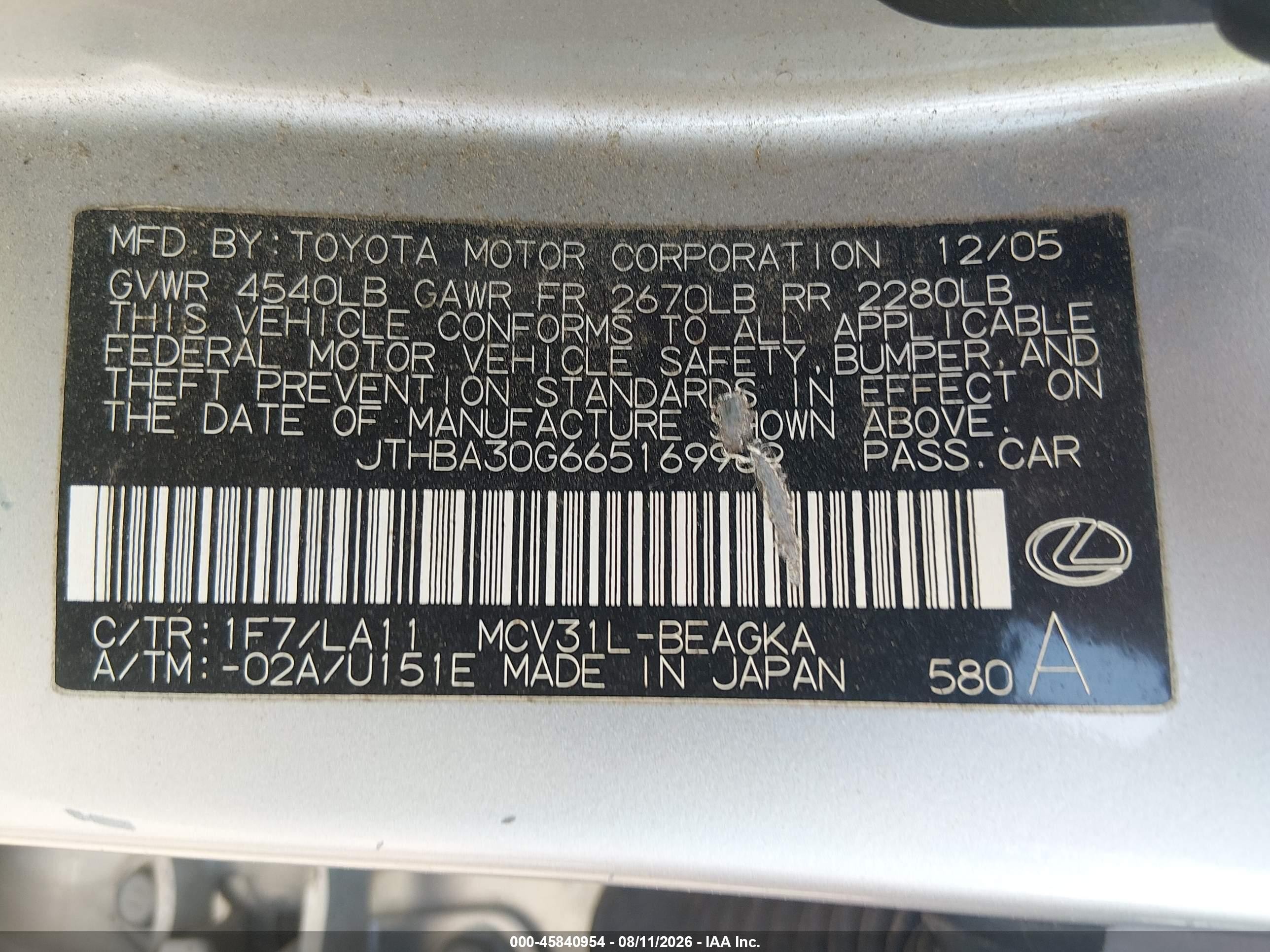 2006 Lexus Es 330 Silver vin: JTHBA30G665169969