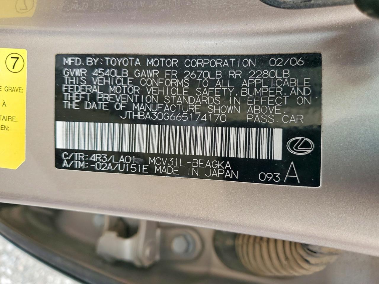 2006 Lexus Es 330 Tan vin: JTHBA30G665174170