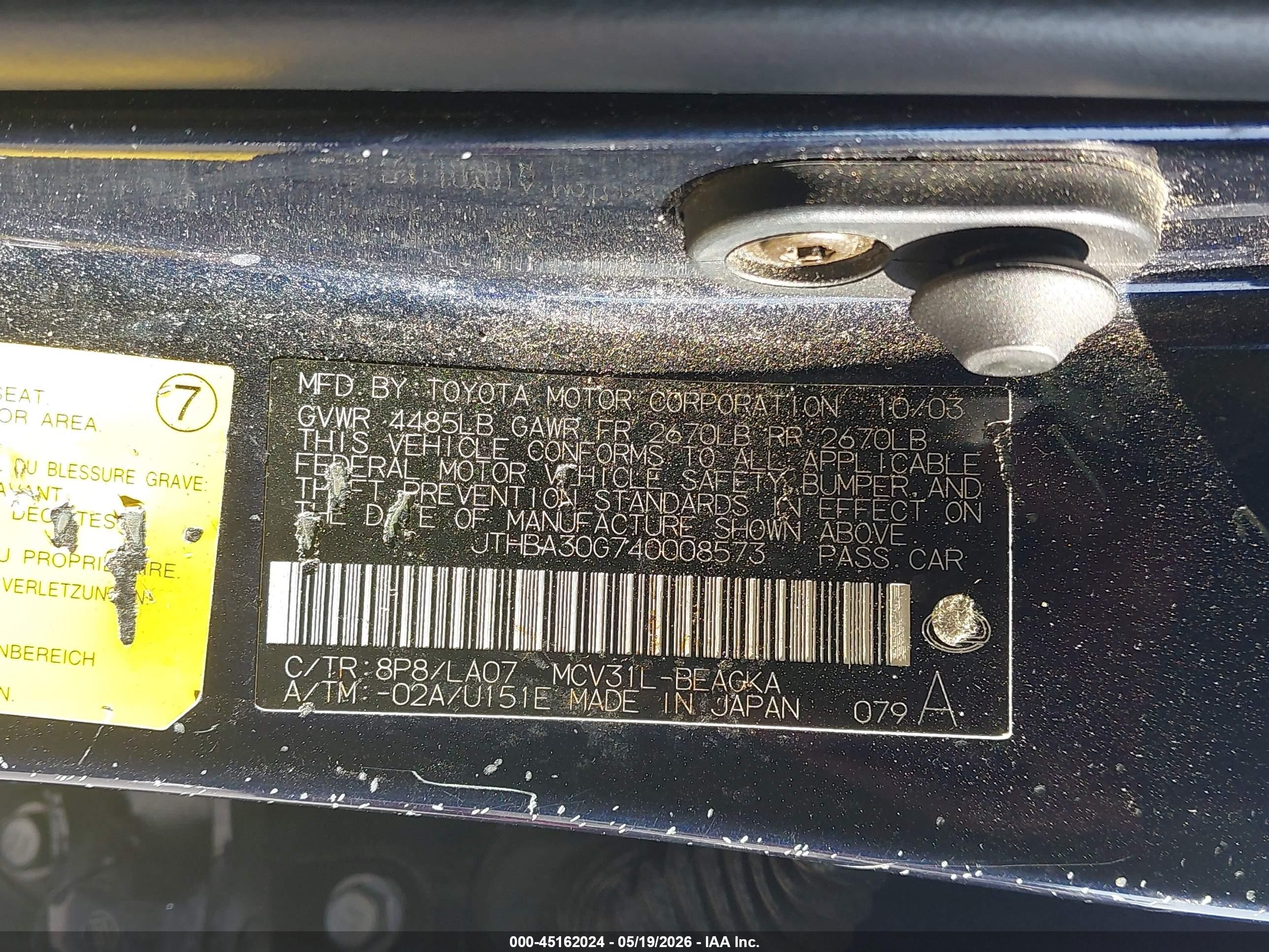 2004 Lexus Es 330 Dark Blue vin: JTHBA30G740008573