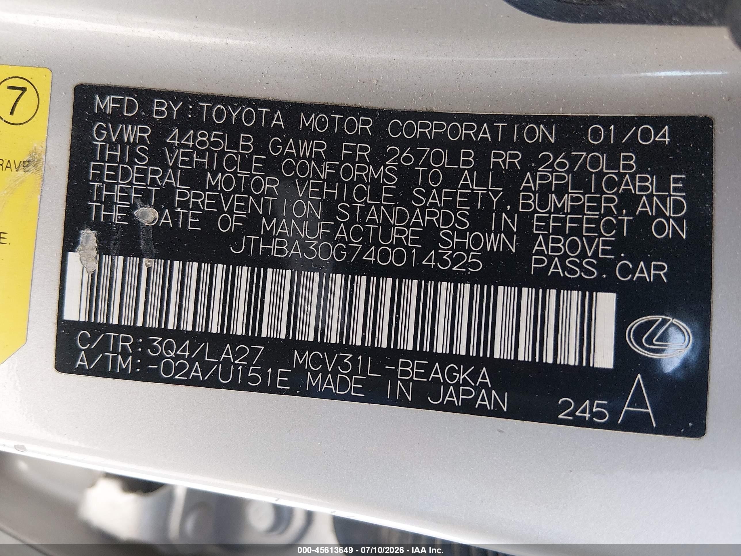 2004 Lexus Es 330   Beige vin: JTHBA30G740014325