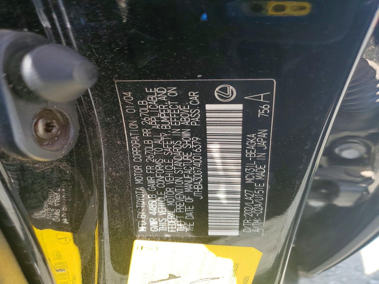 2004 Lexus Es 330 Black vin: JTHBA30G740016379