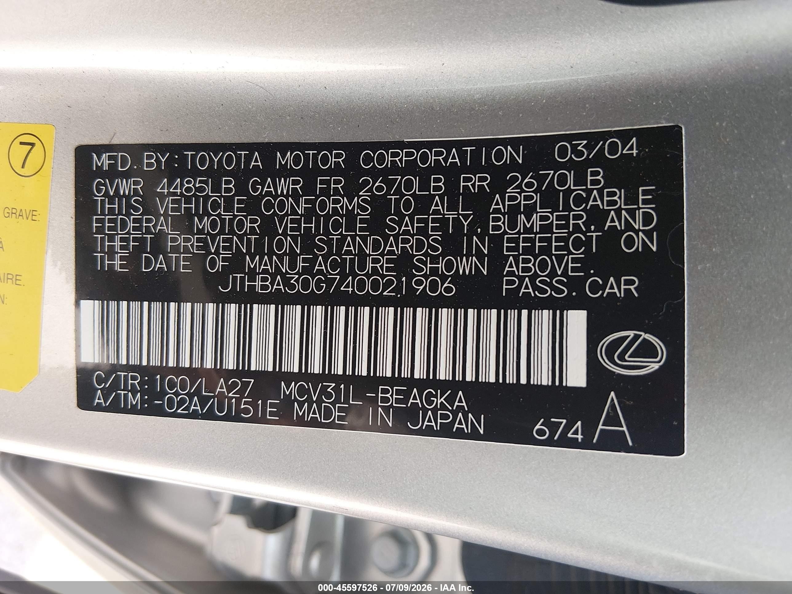 2004 Lexus Es 330   Silver vin: JTHBA30G740021906