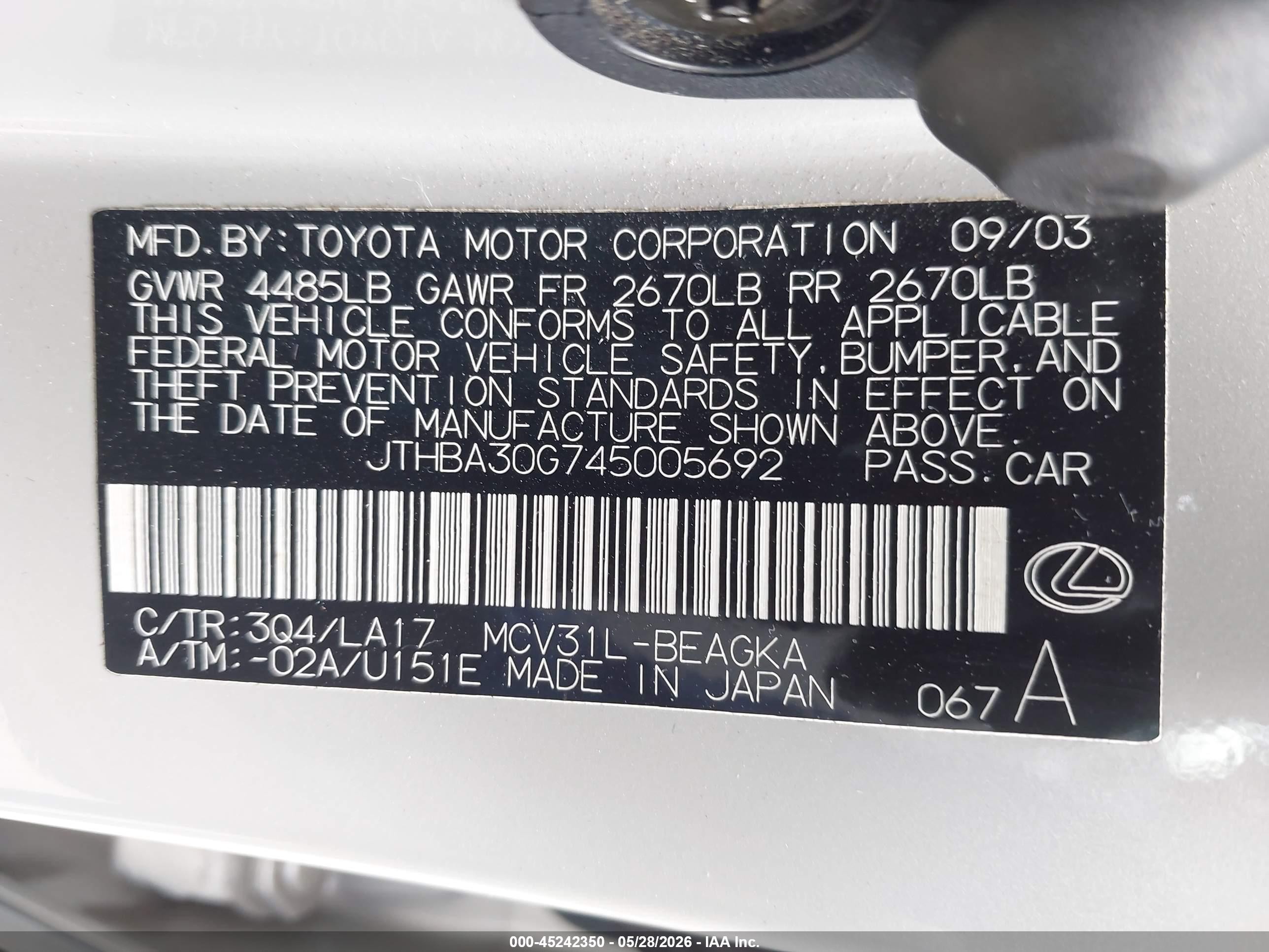 2004 Lexus Es 330   Серебряный vin: JTHBA30G745005692