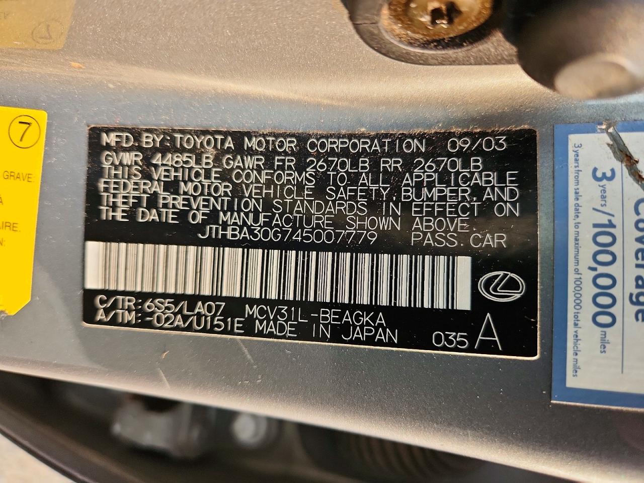 2004 Lexus Es 330 Gray vin: JTHBA30G745007779