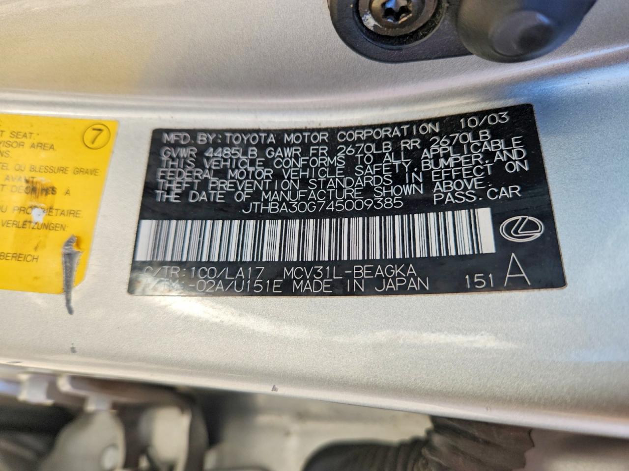 2004 Lexus Es 330 Silver vin: JTHBA30G745009385