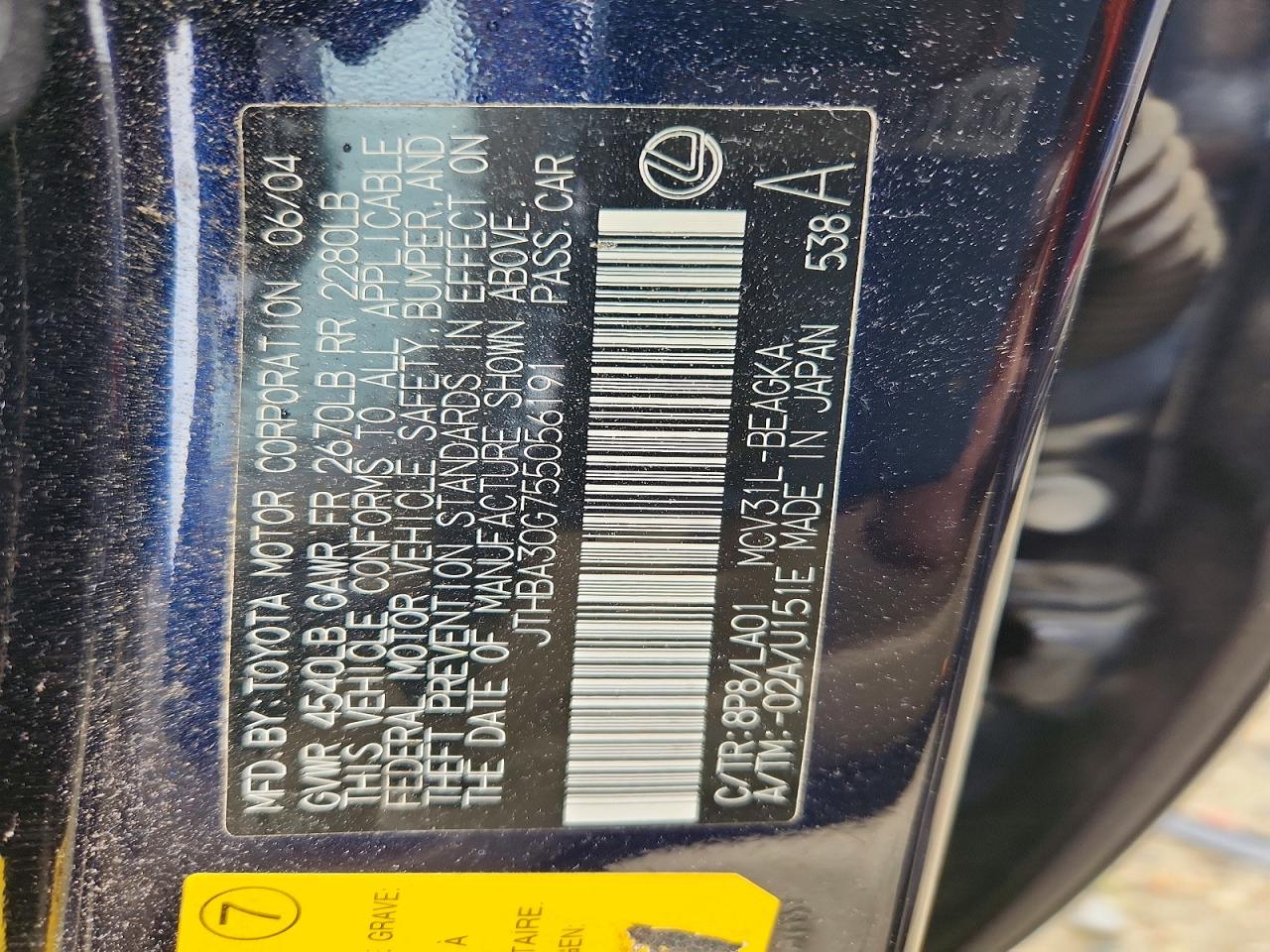 2005 Lexus Es 330 Синий vin: JTHBA30G755056191