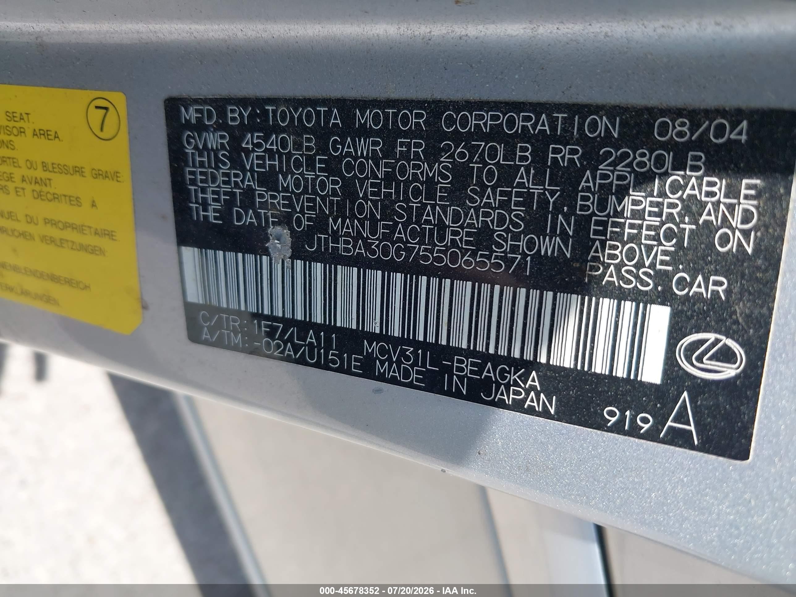 2005 Lexus Es 330   Silver vin: JTHBA30G755065571