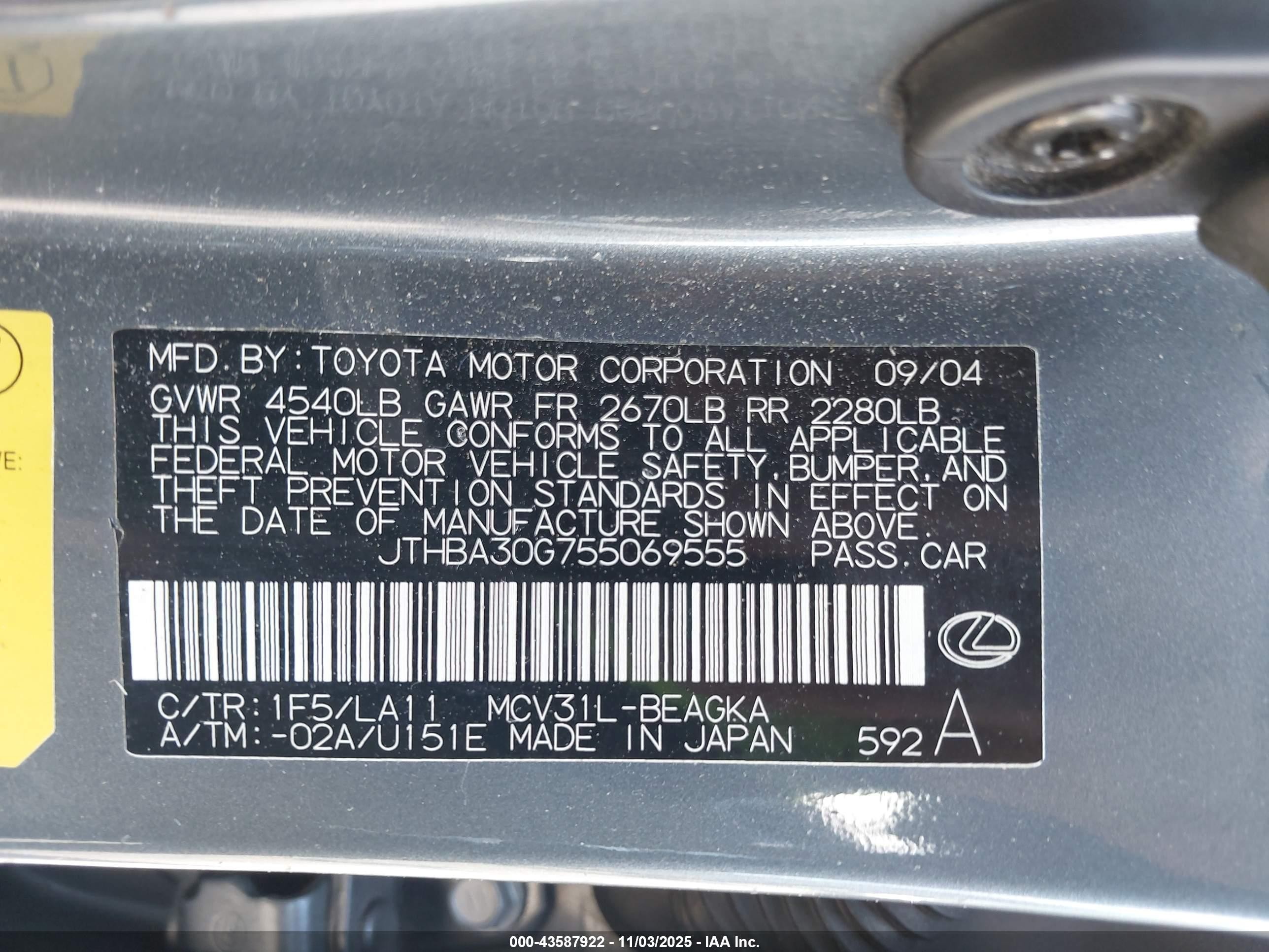 2005 Lexus Es 330 Silver vin: JTHBA30G755069555