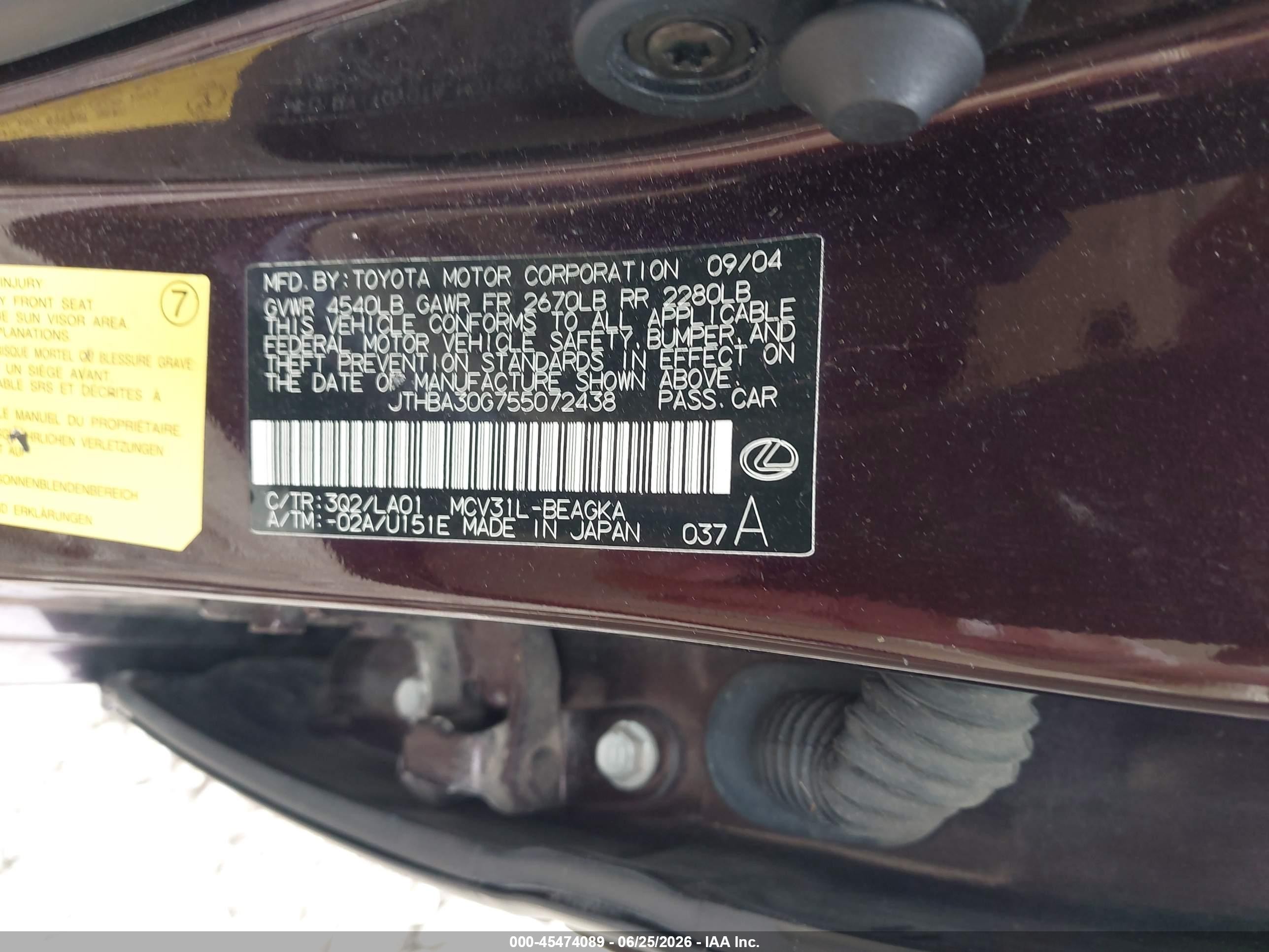2005 Lexus Es 330 Black vin: JTHBA30G755072438