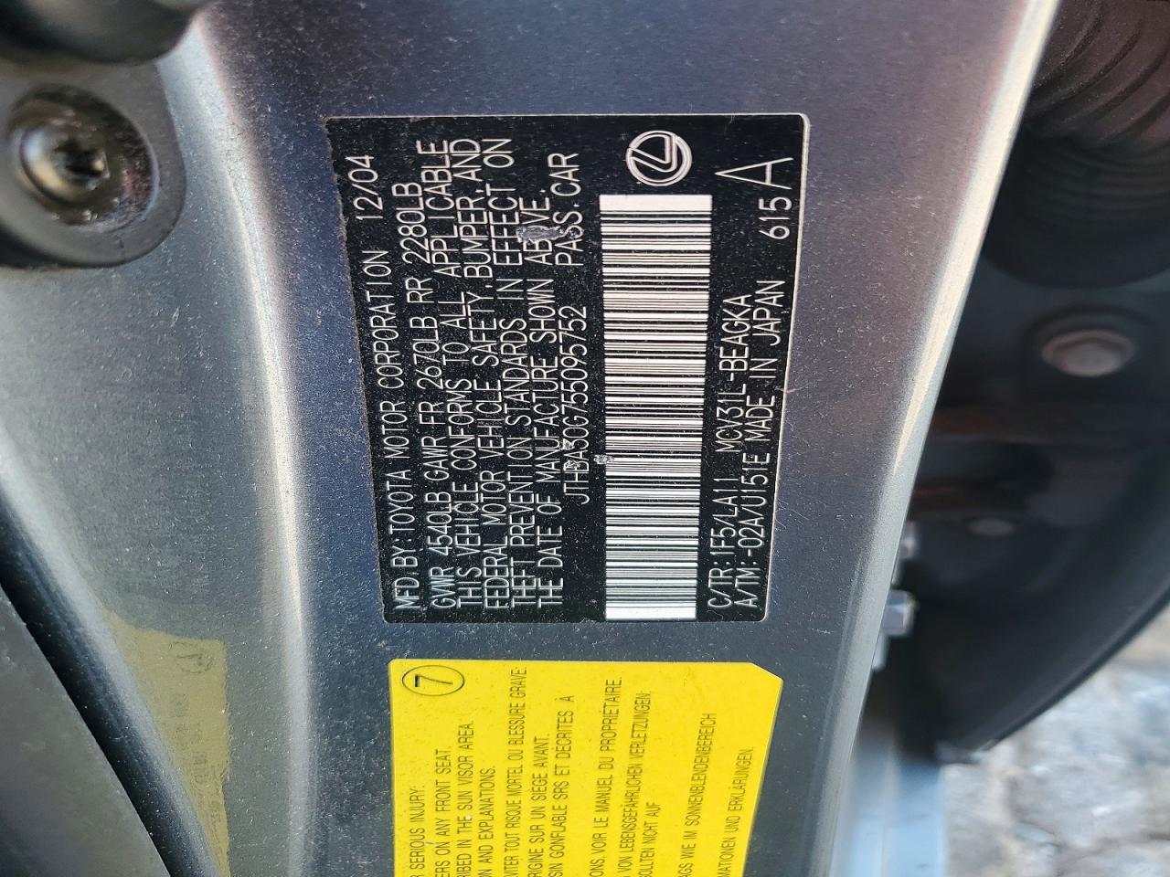 2005 Lexus Es 330 Gray vin: JTHBA30G755095752