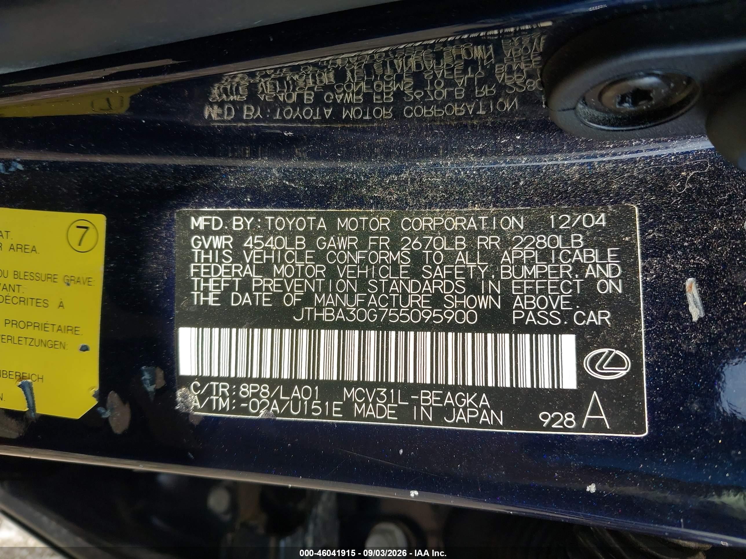 2005 Lexus Es 330   Blue vin: JTHBA30G755095900