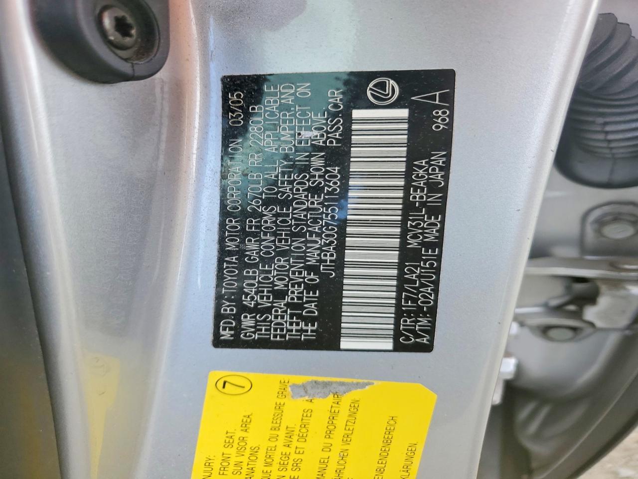 2005 Lexus Es 330 Silver vin: JTHBA30G755113604