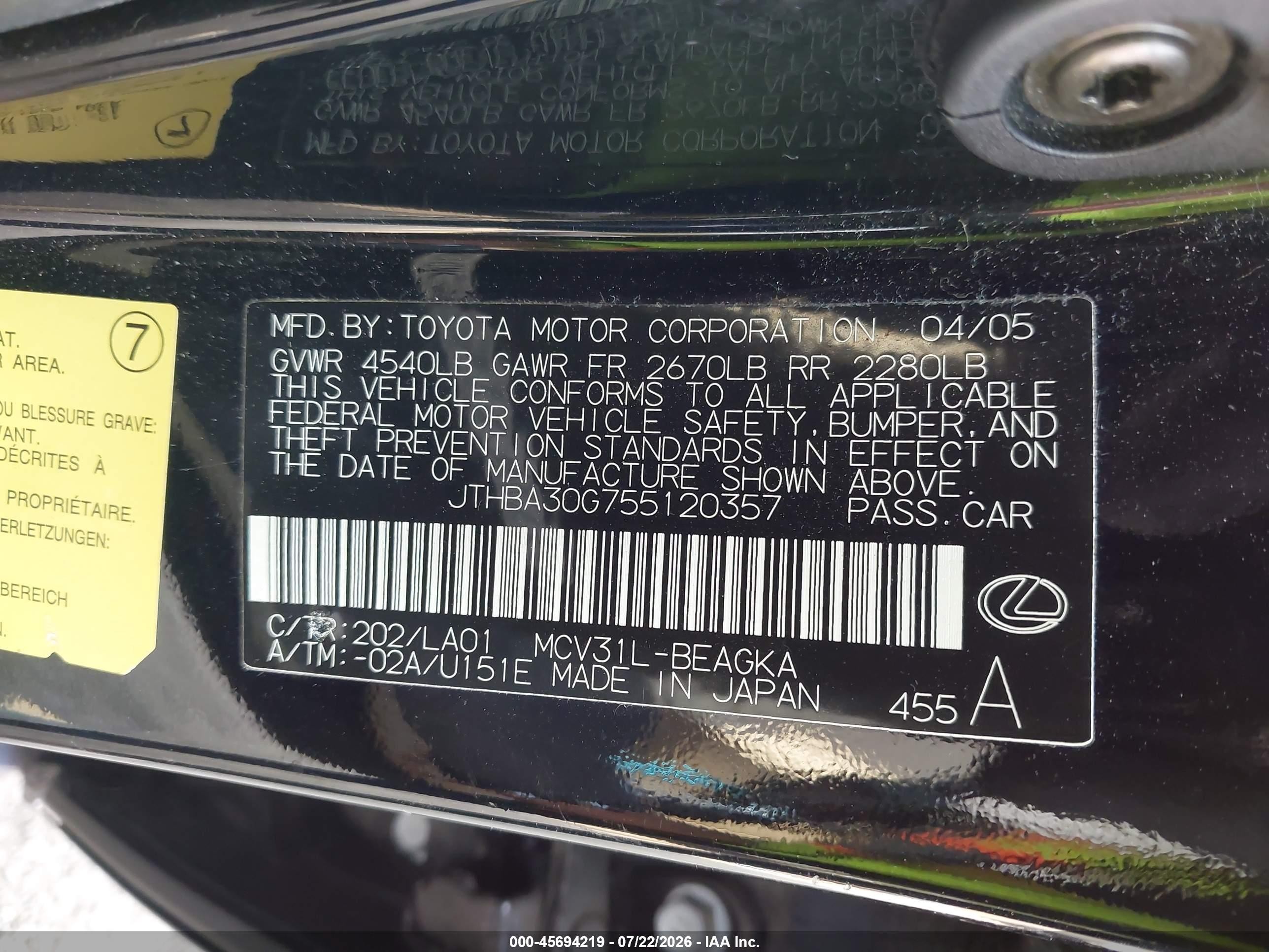 2005 Lexus Es 330 Black vin: JTHBA30G755120357