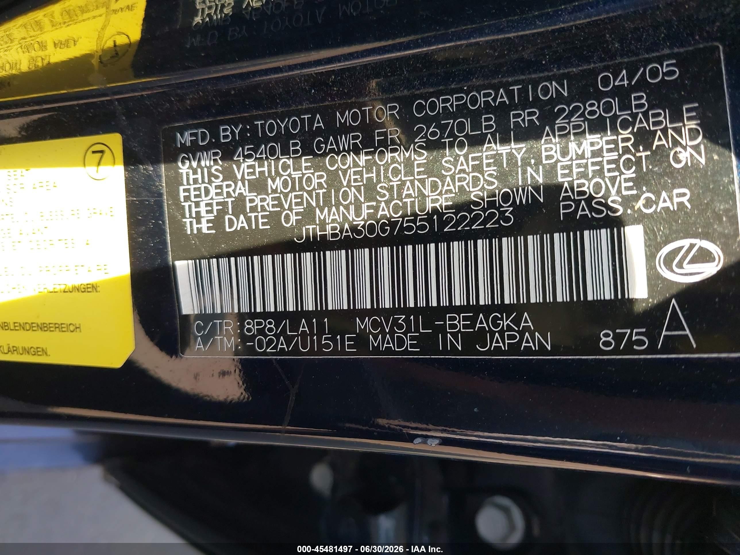 2005 Lexus Es 330   Blue vin: JTHBA30G755122223