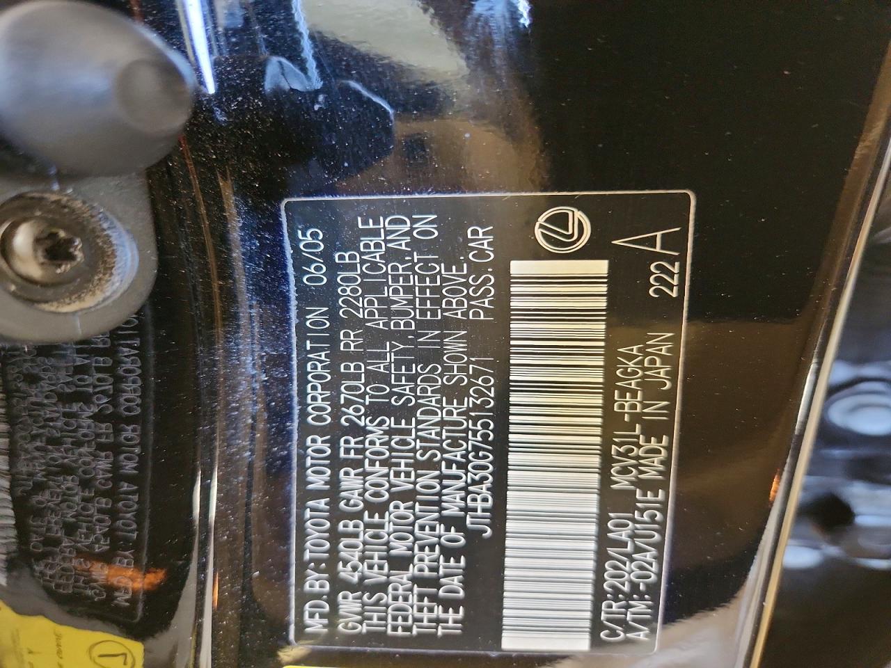 2005 Lexus Es 330 Base Черный vin: JTHBA30G755132671
