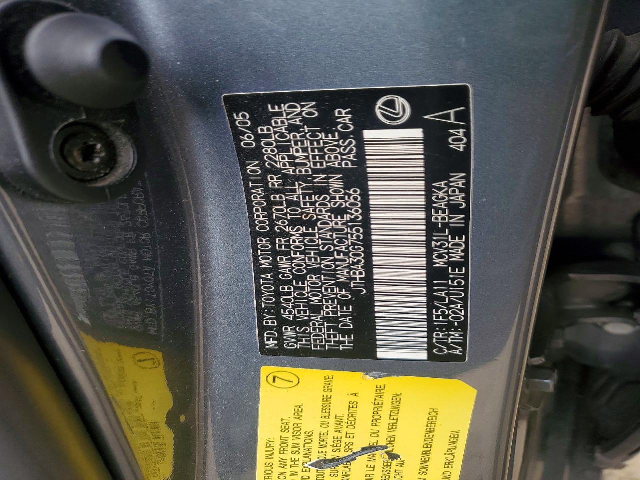 2005 Lexus Es 330 Gray vin: JTHBA30G755136056