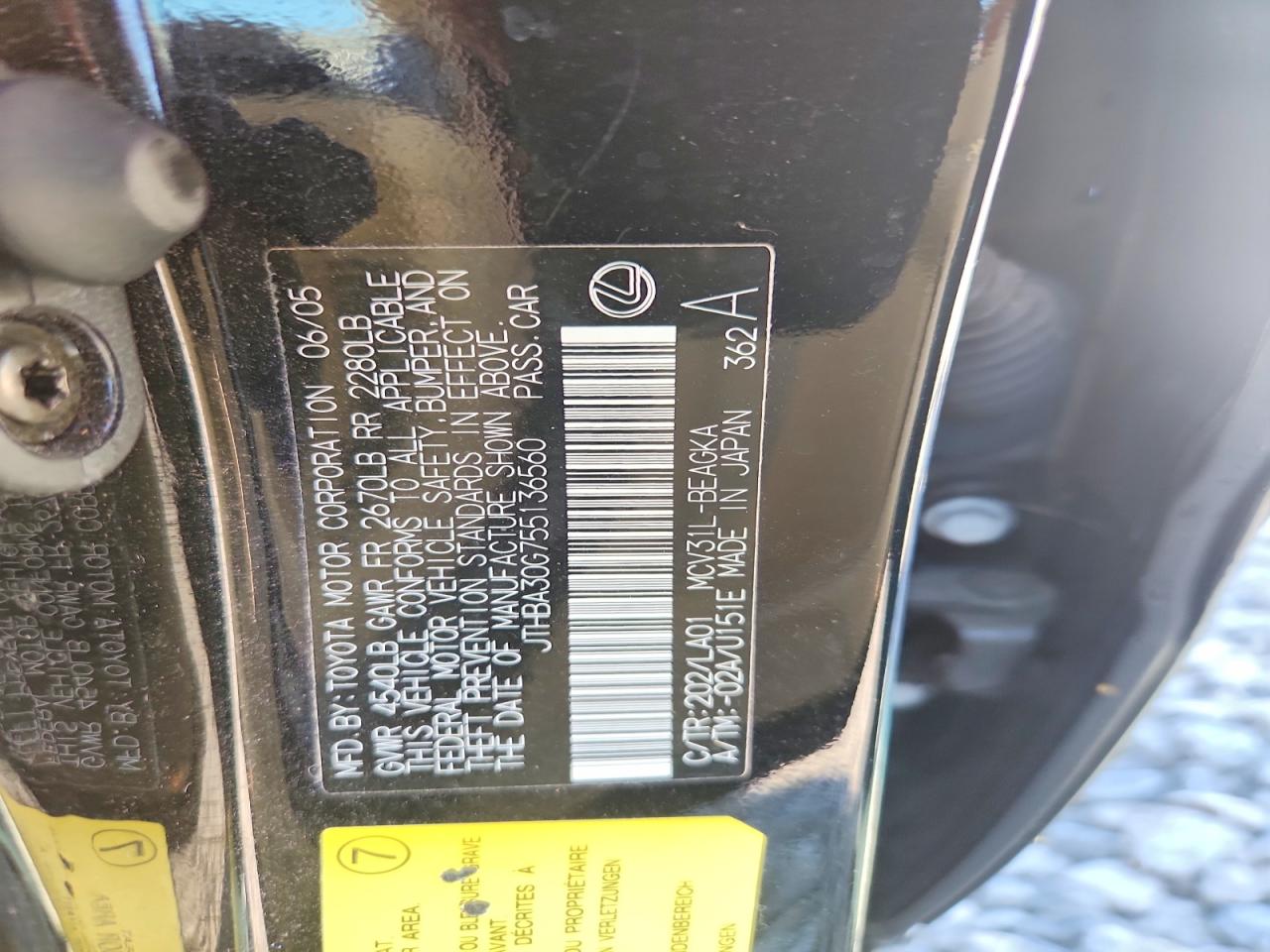 2005 Lexus Es 330 Black vin: JTHBA30G755136560
