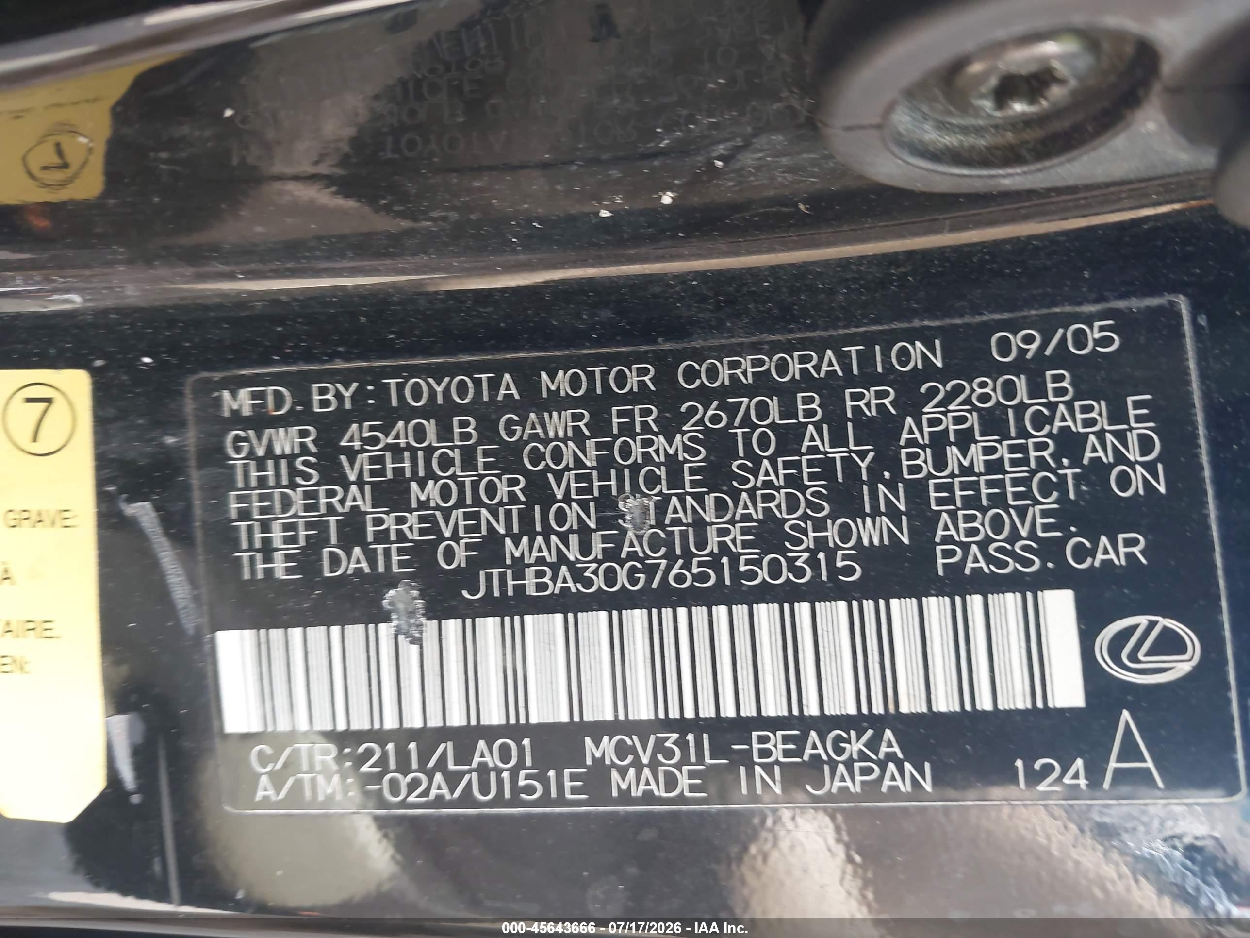 2006 Lexus Es 330   Black vin: JTHBA30G765150315