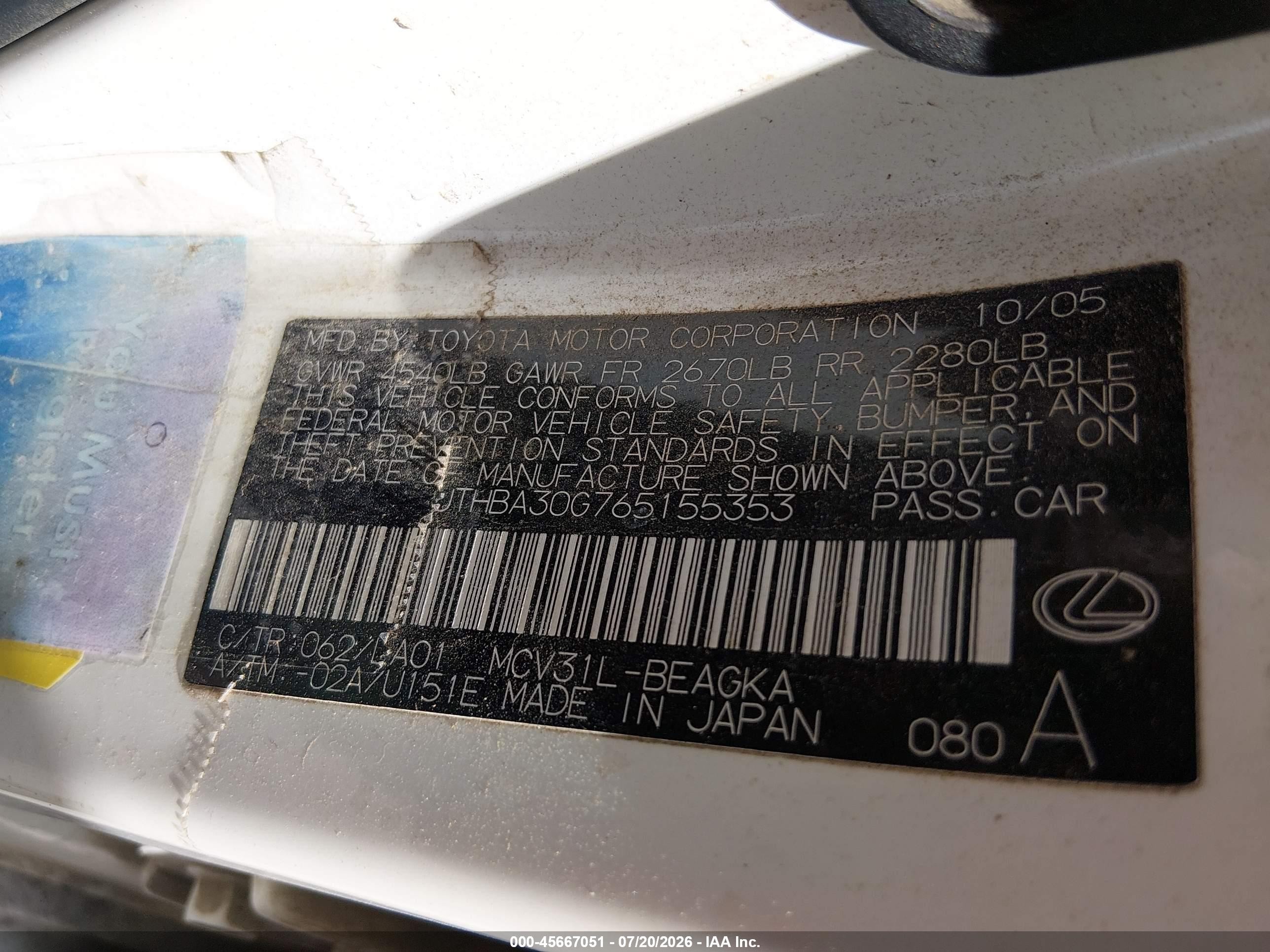 2006 Lexus Es 330   Белый vin: JTHBA30G765155353