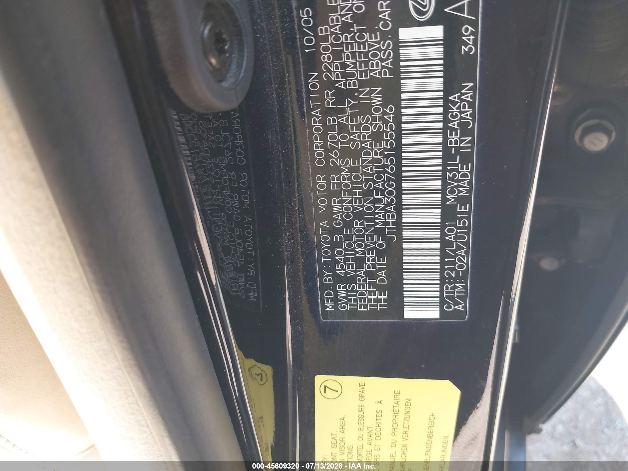 2006 Lexus Es 330   Black vin: JTHBA30G765155546