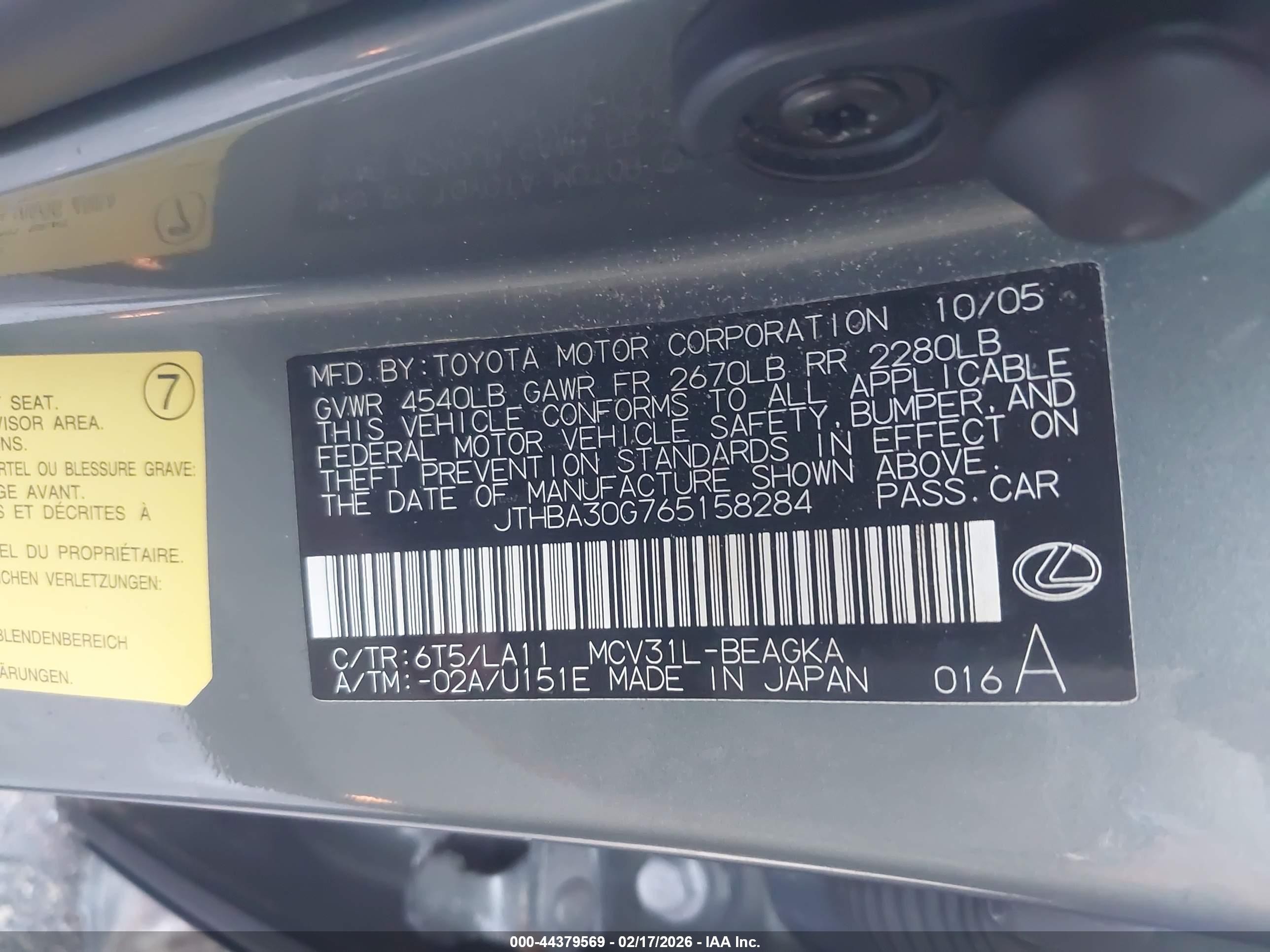 2006 Lexus Es 330   Green vin: JTHBA30G765158284