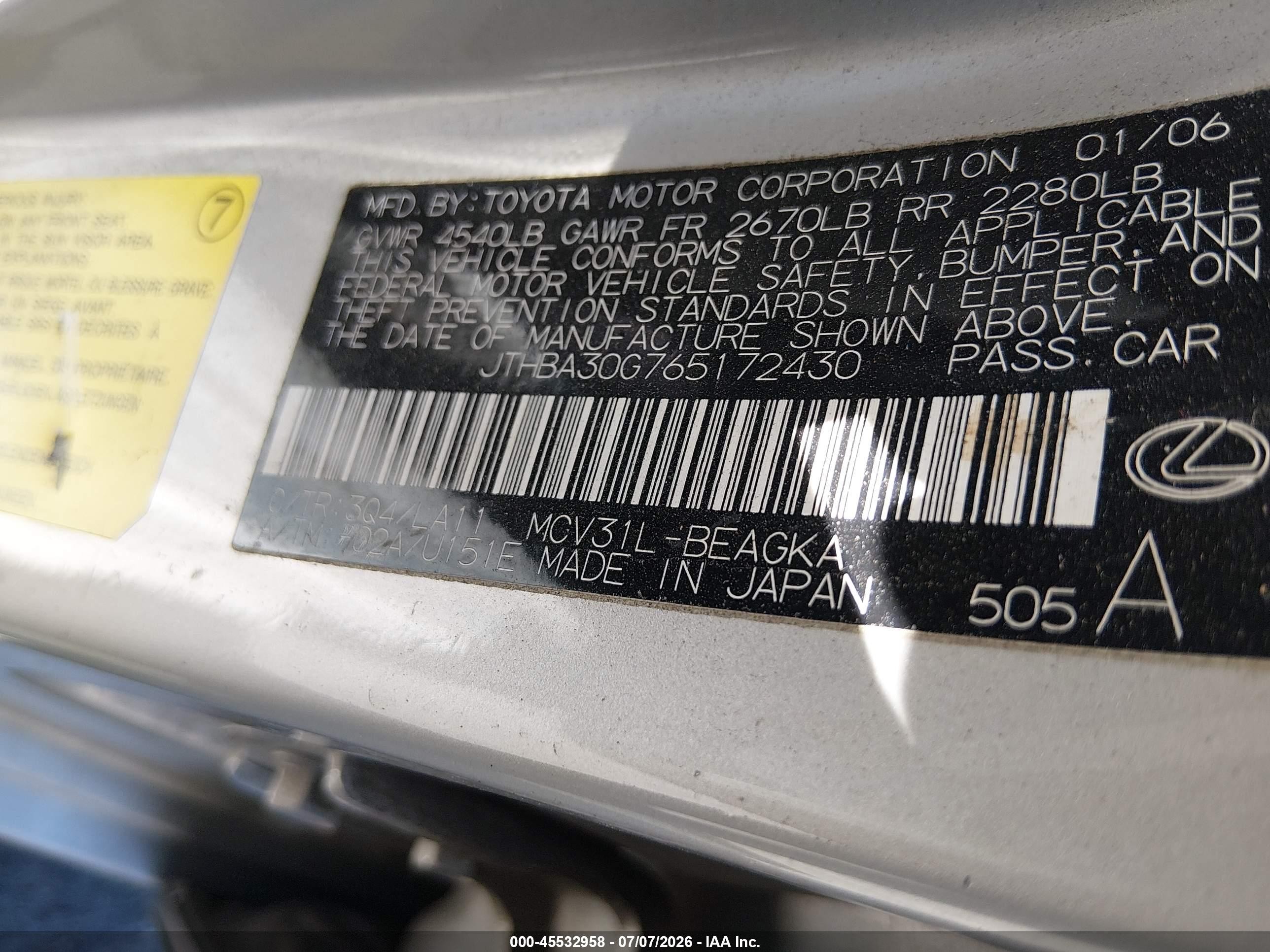 2006 Lexus Es 330   Silver vin: JTHBA30G765172430