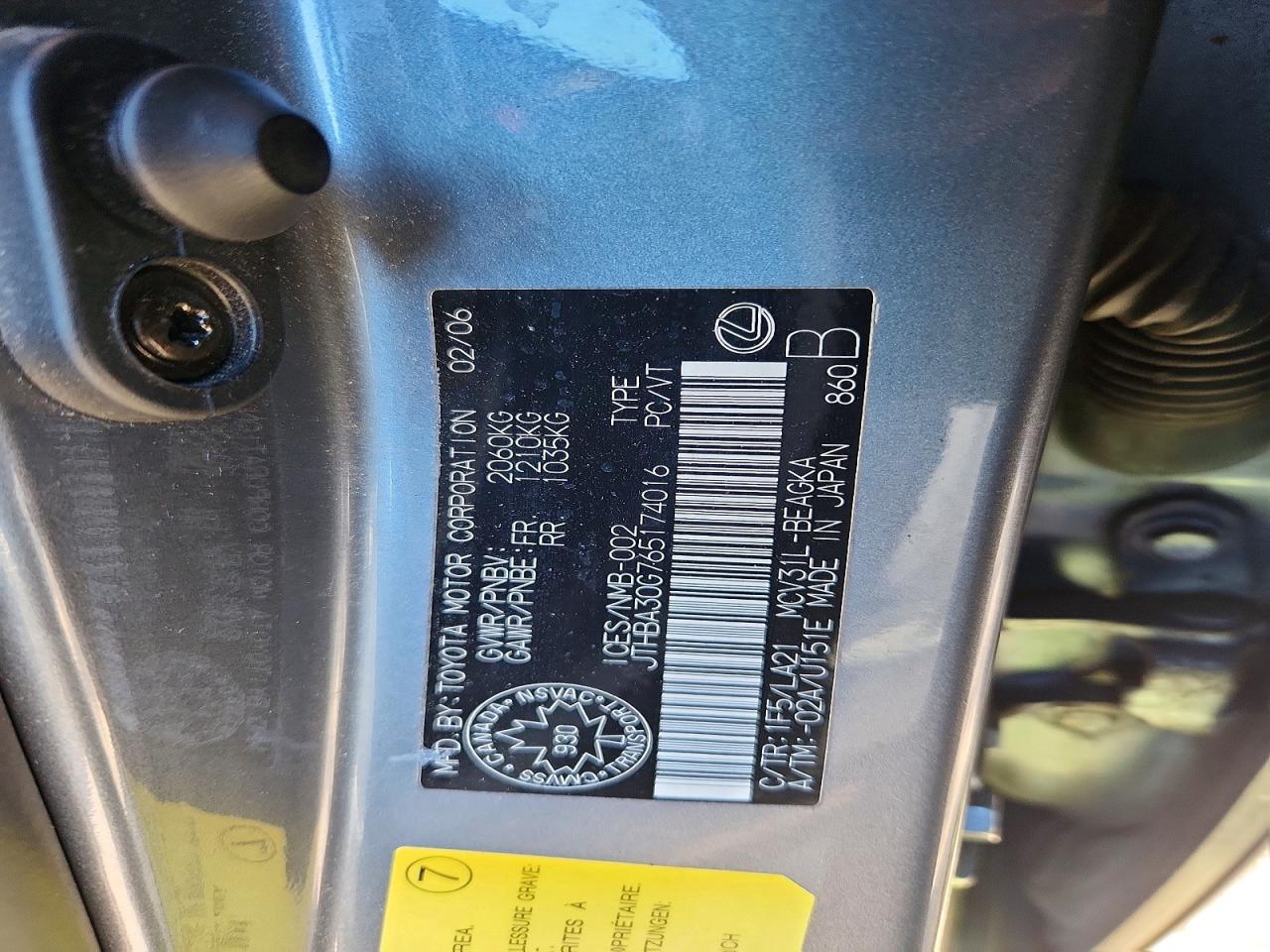 2006 Lexus Es 330 Gray vin: JTHBA30G765174016