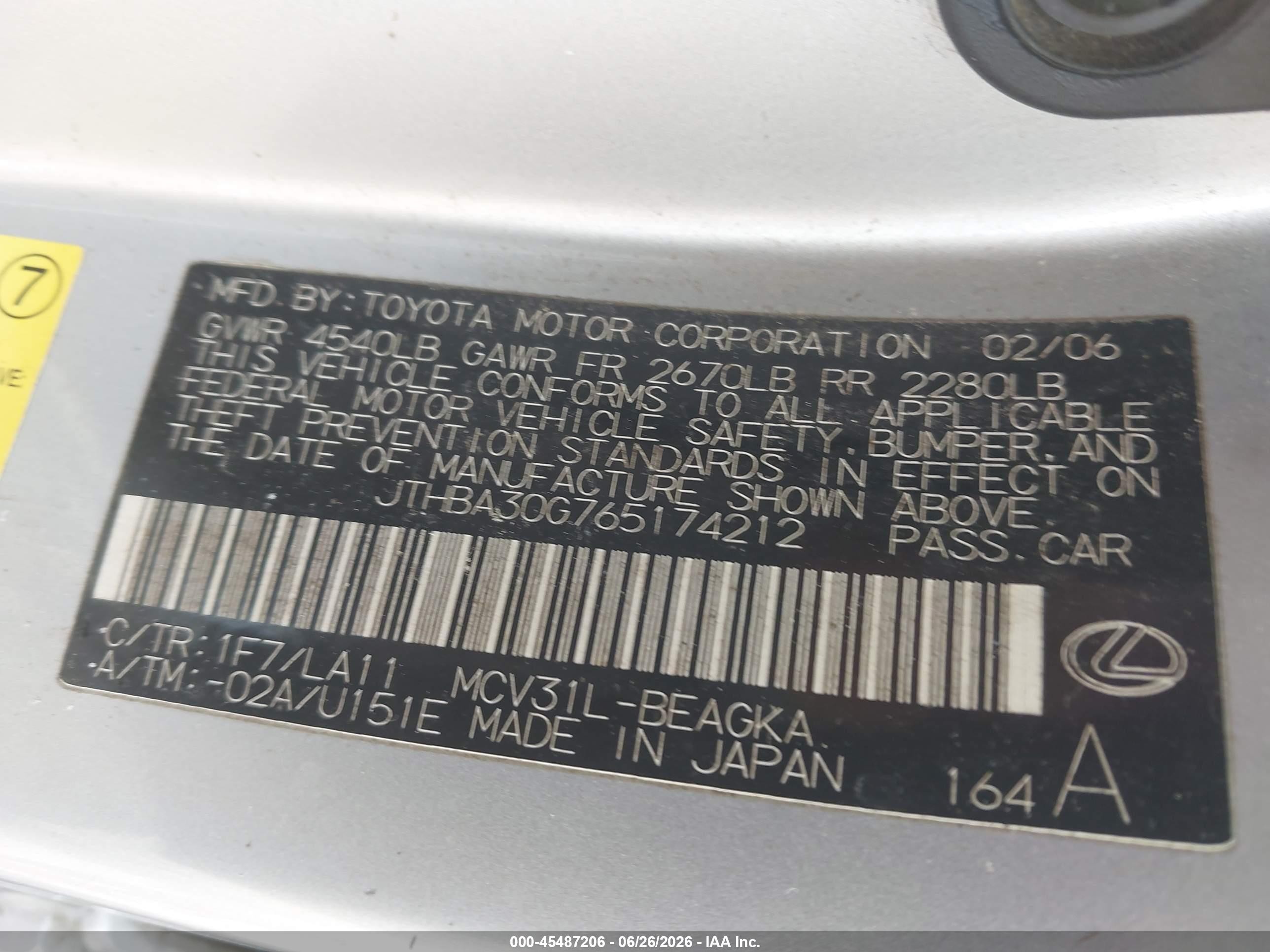 2006 Lexus Es 330   Silver vin: JTHBA30G765174212