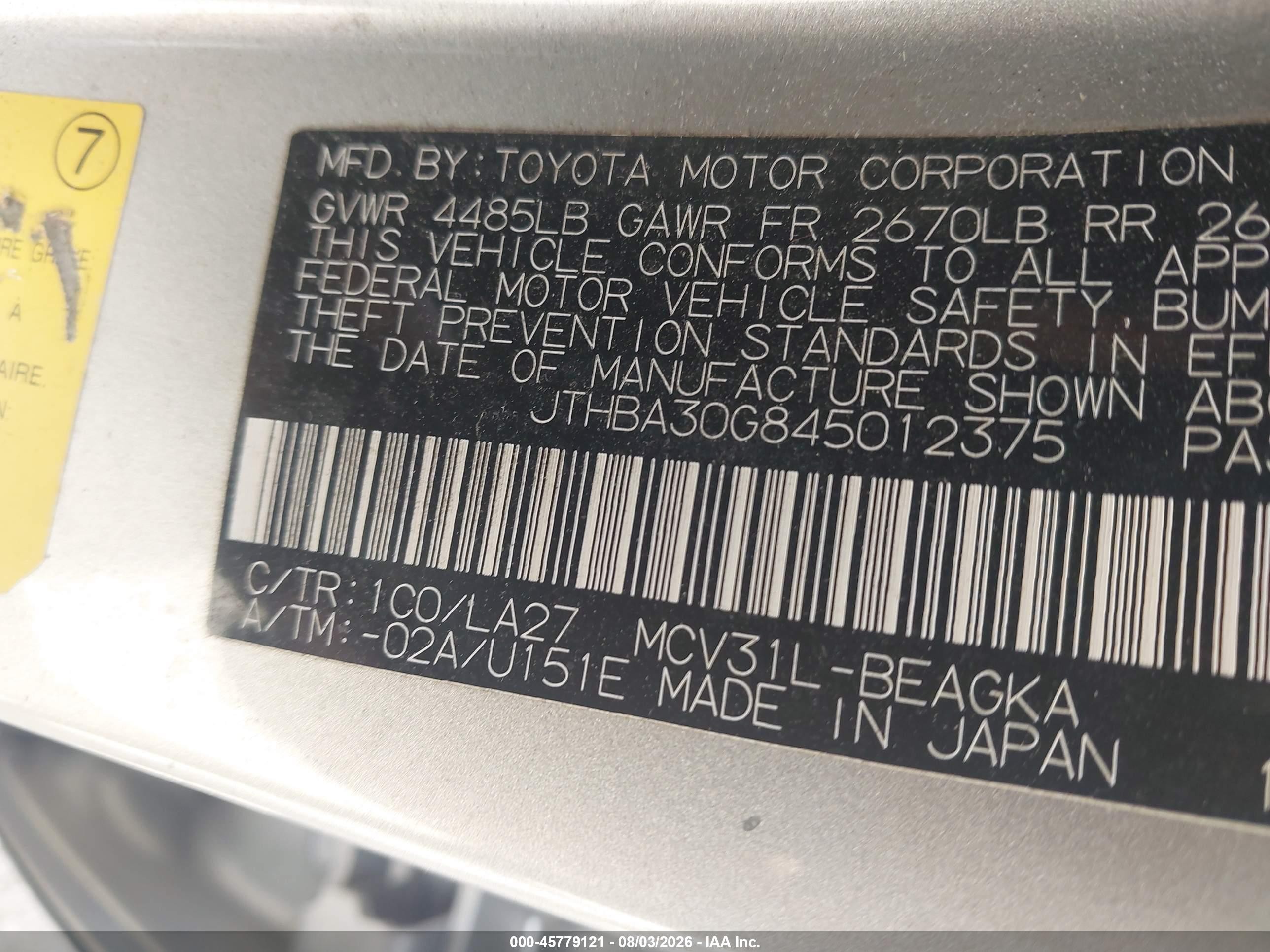 2004 Lexus Es 330   Silver vin: JTHBA30G845012375