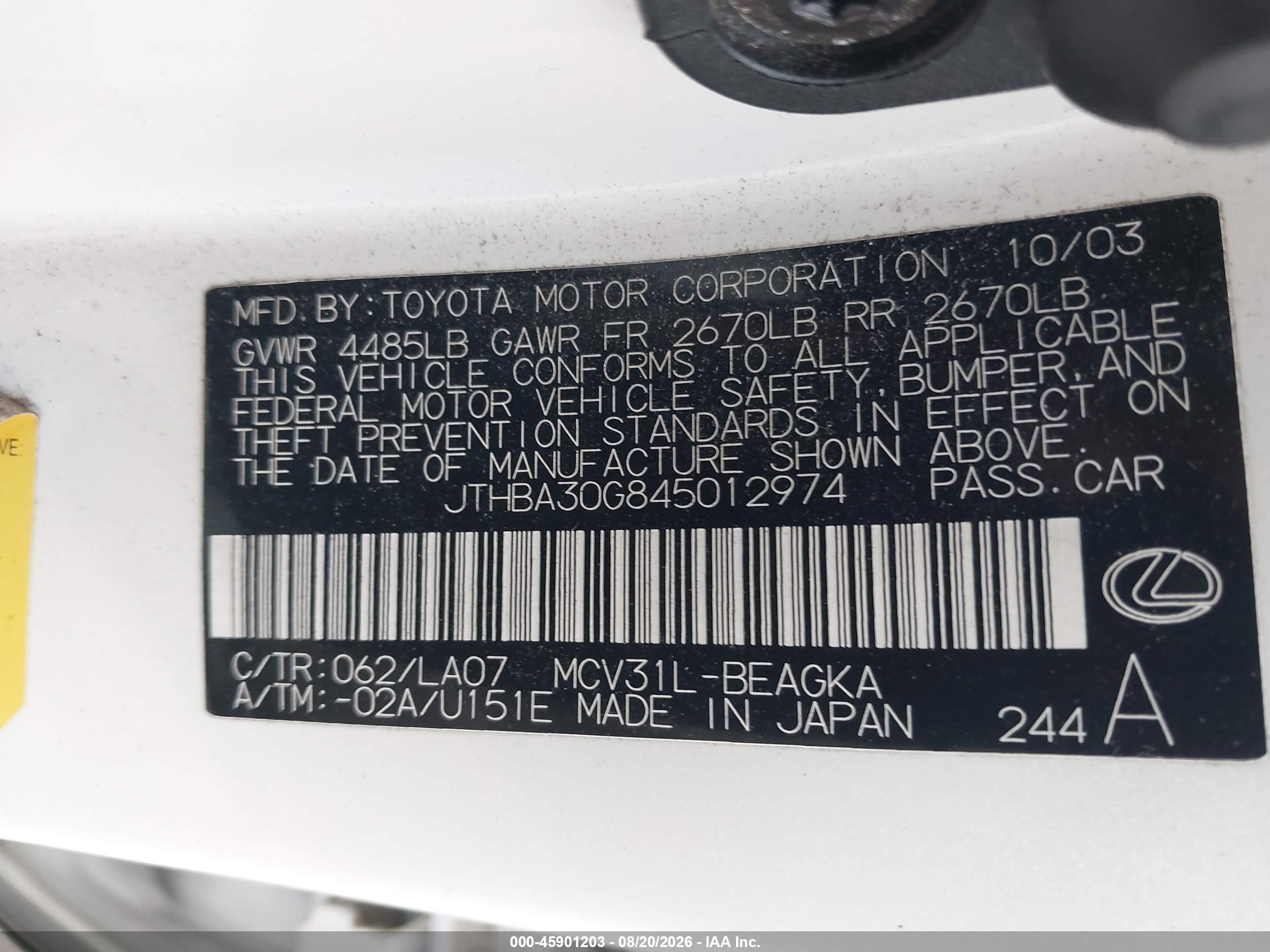 2004 Lexus Es 330   White vin: JTHBA30G845012974
