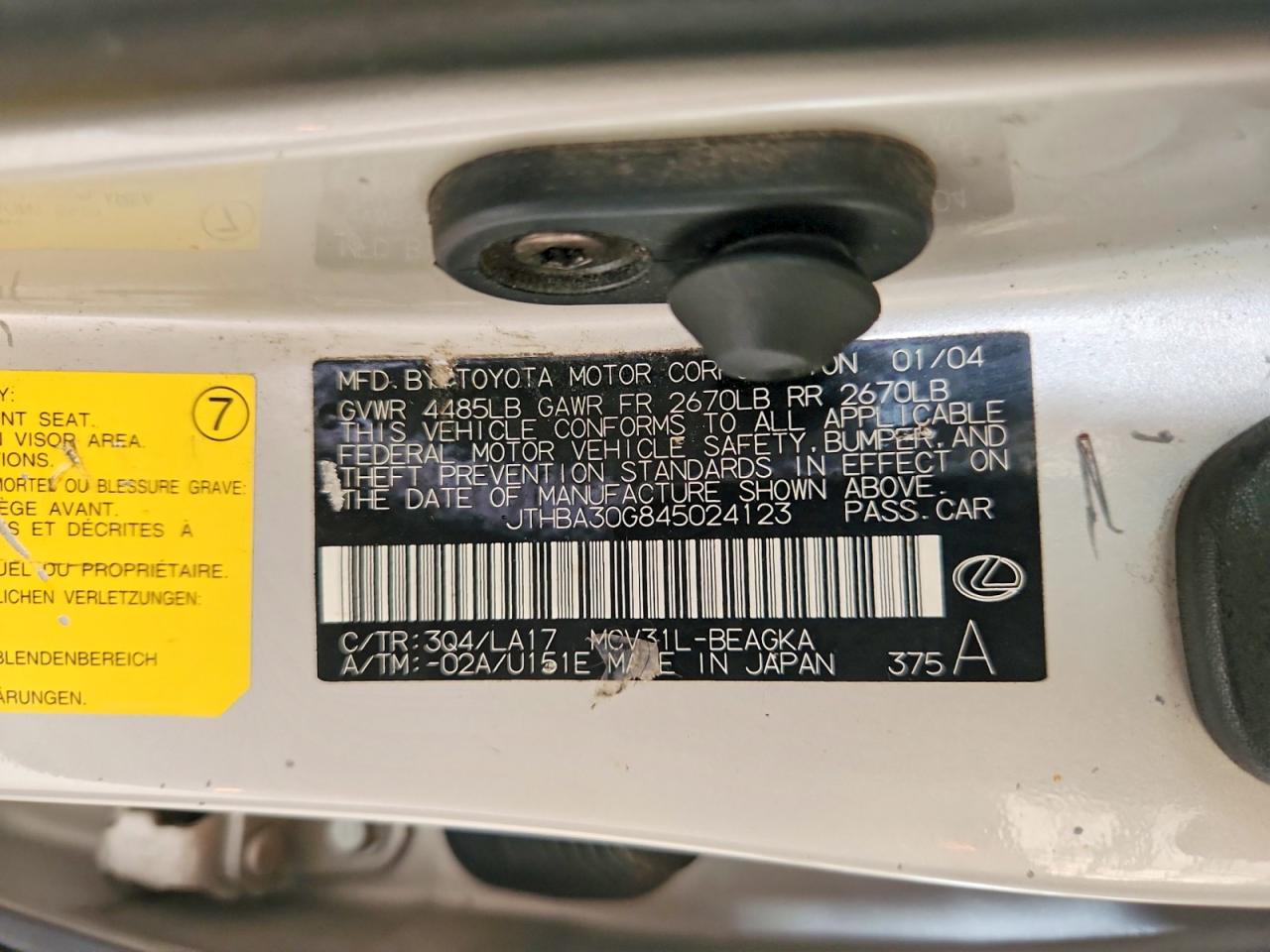 2004 Lexus Es 330 Silver vin: JTHBA30G845024123
