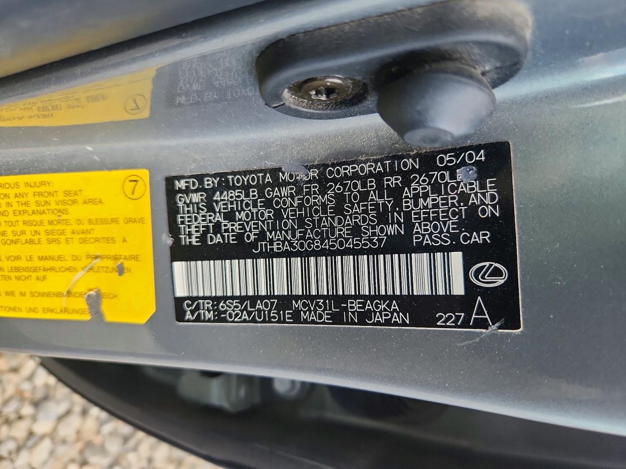 2004 Lexus Es 330 Gray vin: JTHBA30G845045537