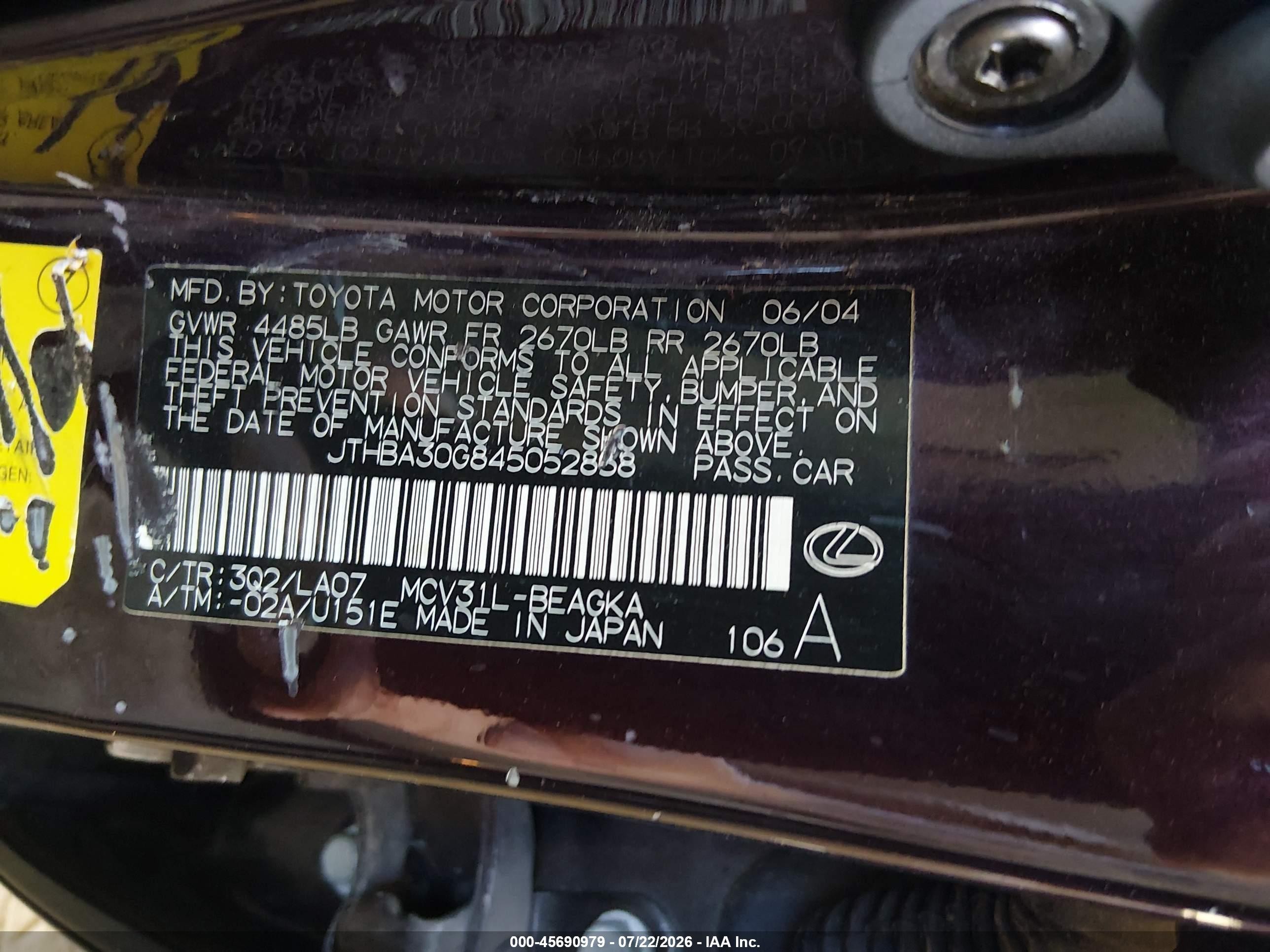 2004 Lexus Es 330   Purple vin: JTHBA30G845052858