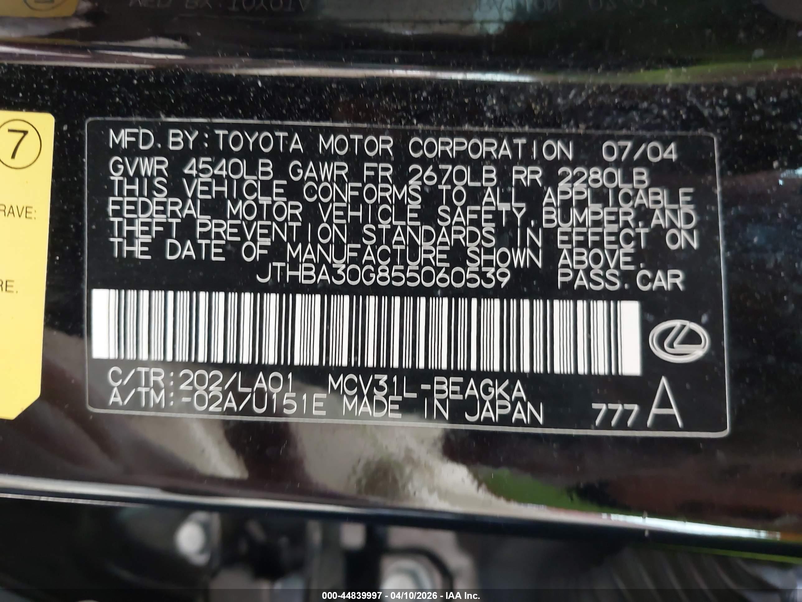 2005 Lexus Es 330   Black vin: JTHBA30G855060539