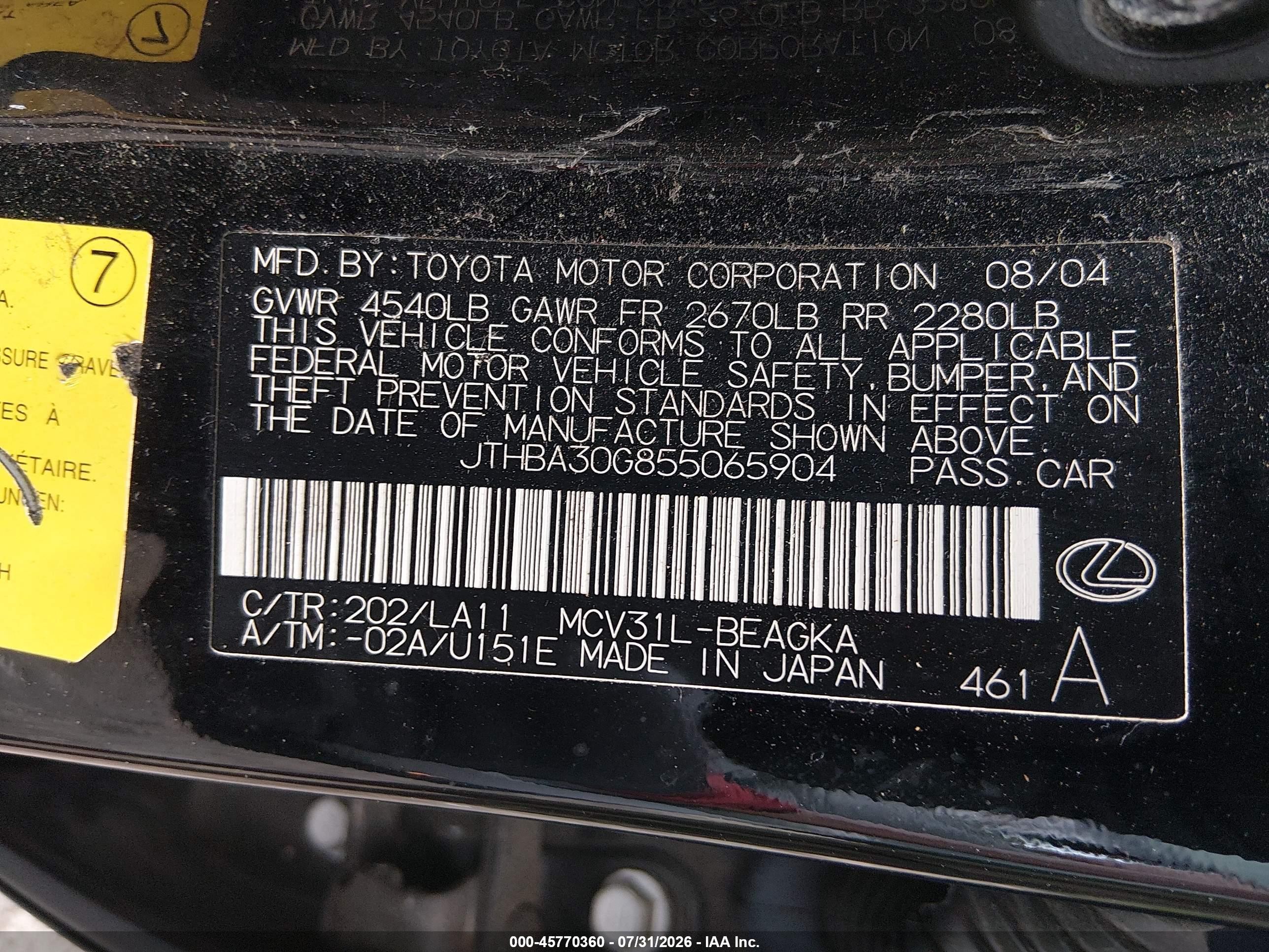 2005 Lexus Es 330   Black vin: JTHBA30G855065904
