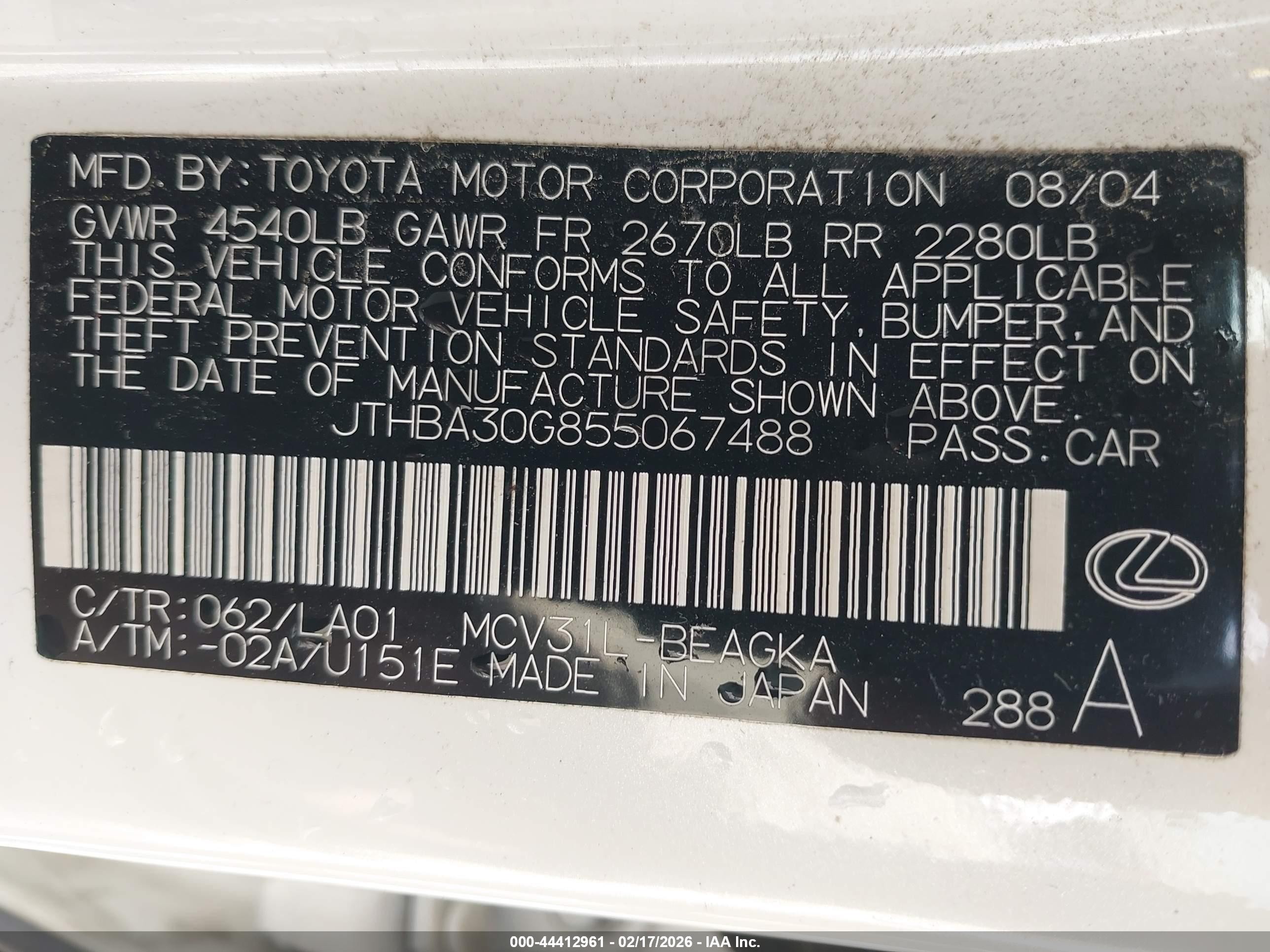 2005 Lexus Es 330   White vin: JTHBA30G855067488
