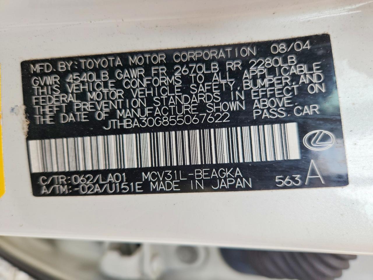 2005 Lexus Es 330 Base White vin: JTHBA30G855067622