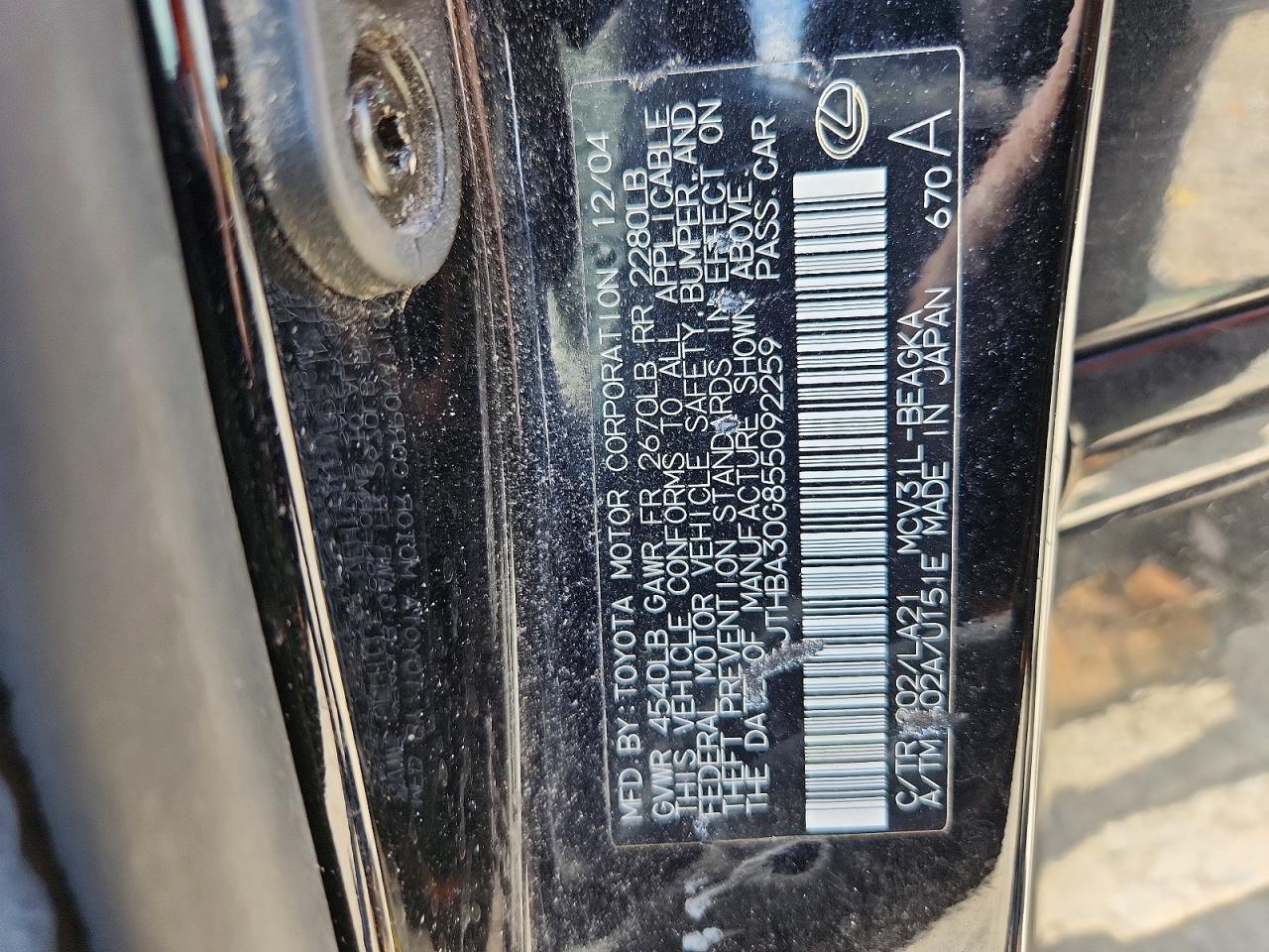 2005 Lexus Es 330 Black vin: JTHBA30G855092259