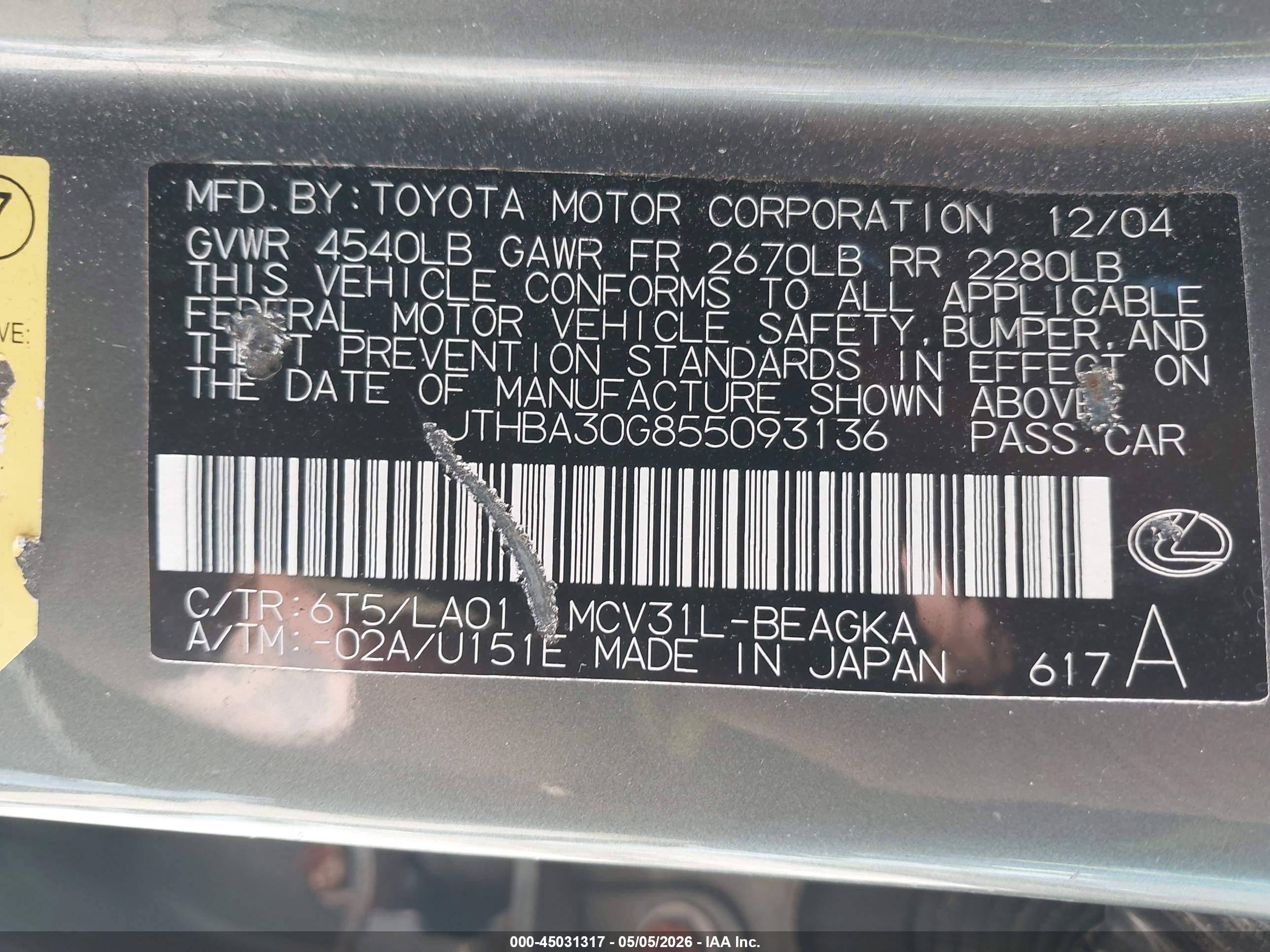 2005 Lexus Es 330   Green vin: JTHBA30G855093136