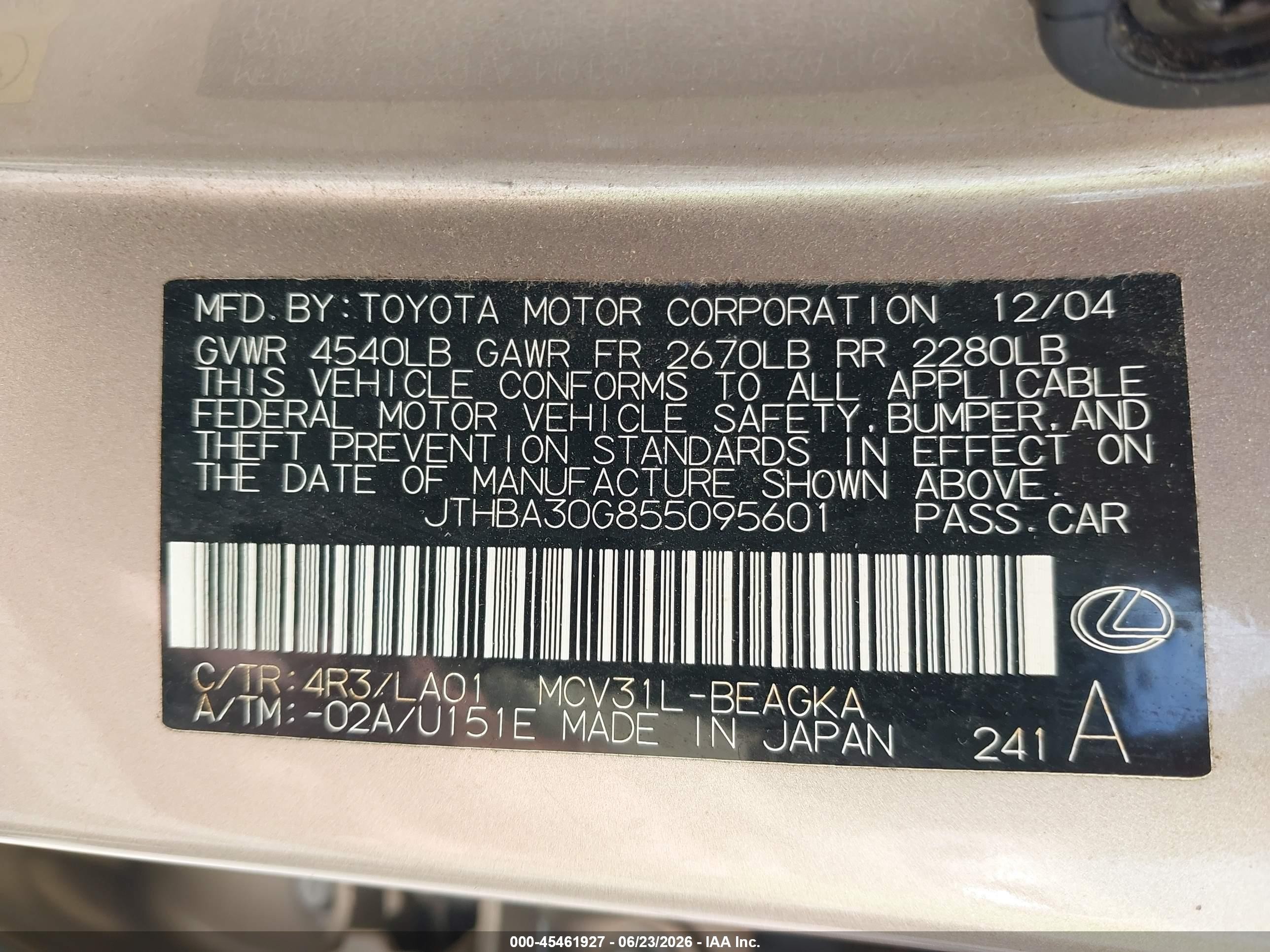 2005 Lexus Es 330   Gold vin: JTHBA30G855095601