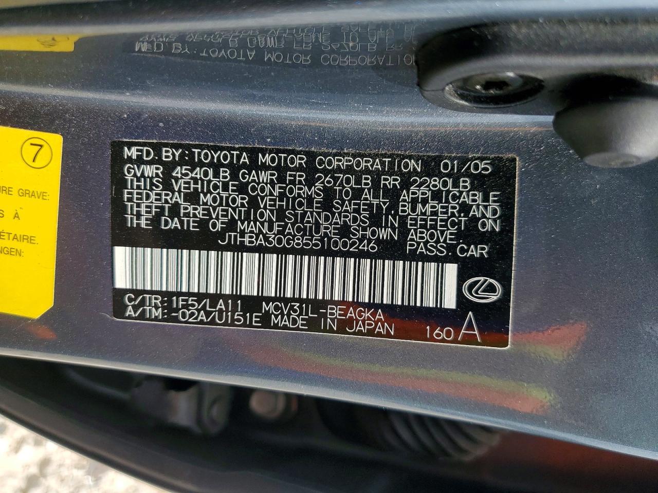 2005 Lexus Es 330 Gray vin: JTHBA30G855100246
