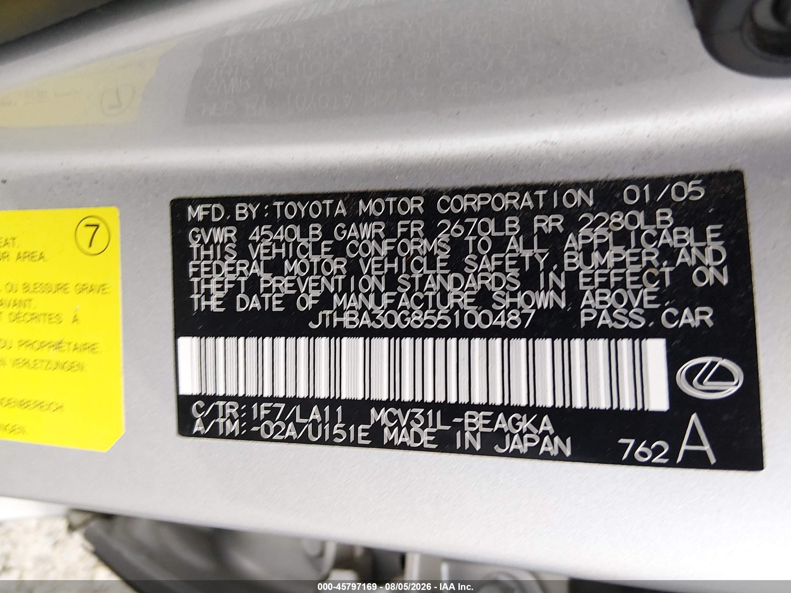 2005 Lexus Es 330 Silver vin: JTHBA30G855100487